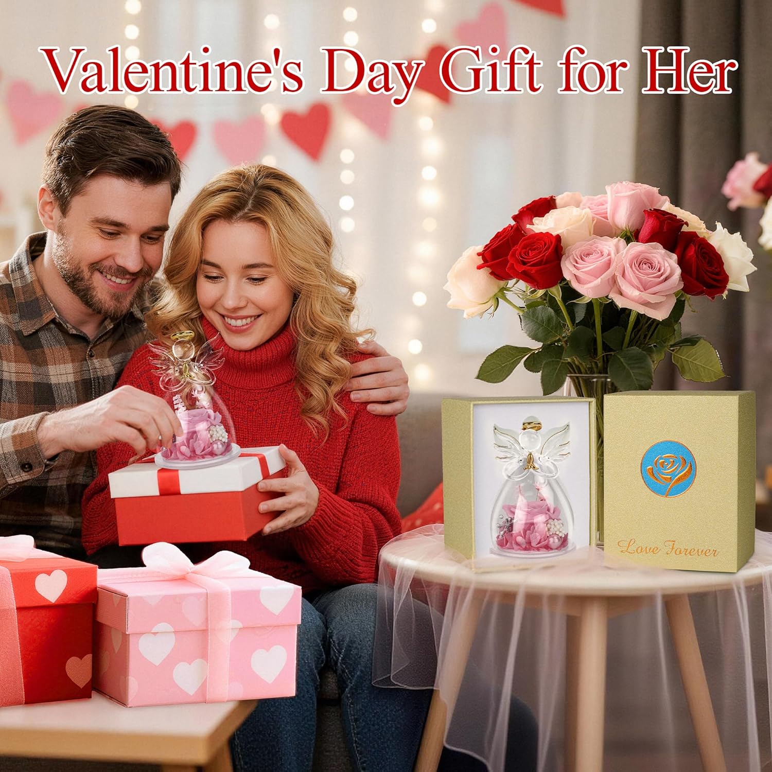Valentines Day Rose Gifts for Her,Fresh Flowers for Delivery,Birthday Gifts for Women Mom,Preserved Flowers in Glass Angel Figurine,Angel Mothers Day Rose Gift for Mom Grandma,Pink Gift Valentines - Image 3
