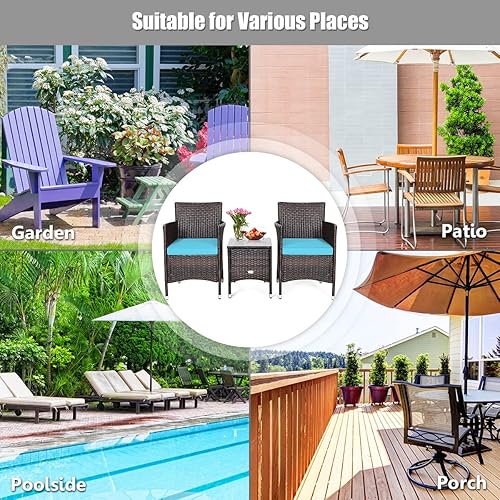 Miniatura 6 de KOTEK Juego de muebles de patio de 3 piezas, juego de conversación de mimbre para exteriores con mesa de centro de cristal, cojines gruesos, juego