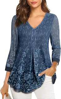 Gaharu Damen Bluse 3/4 Arm Blumen Tunika Shirt Elegant Doppellagig V-Ausschnitt Mesh Locker Longshirt