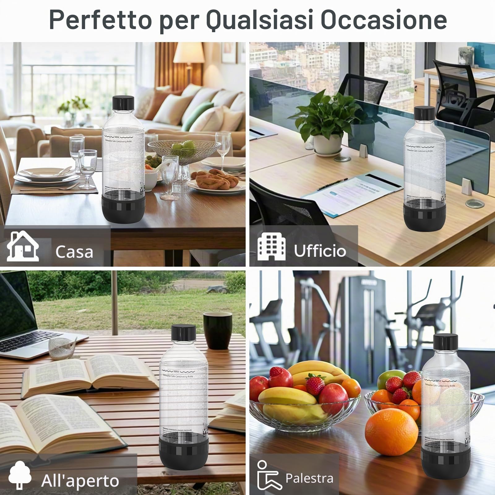 Bottiglie per Soda 1L, Confezione da 2, Senza BPA, PET, Riutilizzabili, 2x Nere, Compatibili con Macchine per Soda e Acqua Frizzante