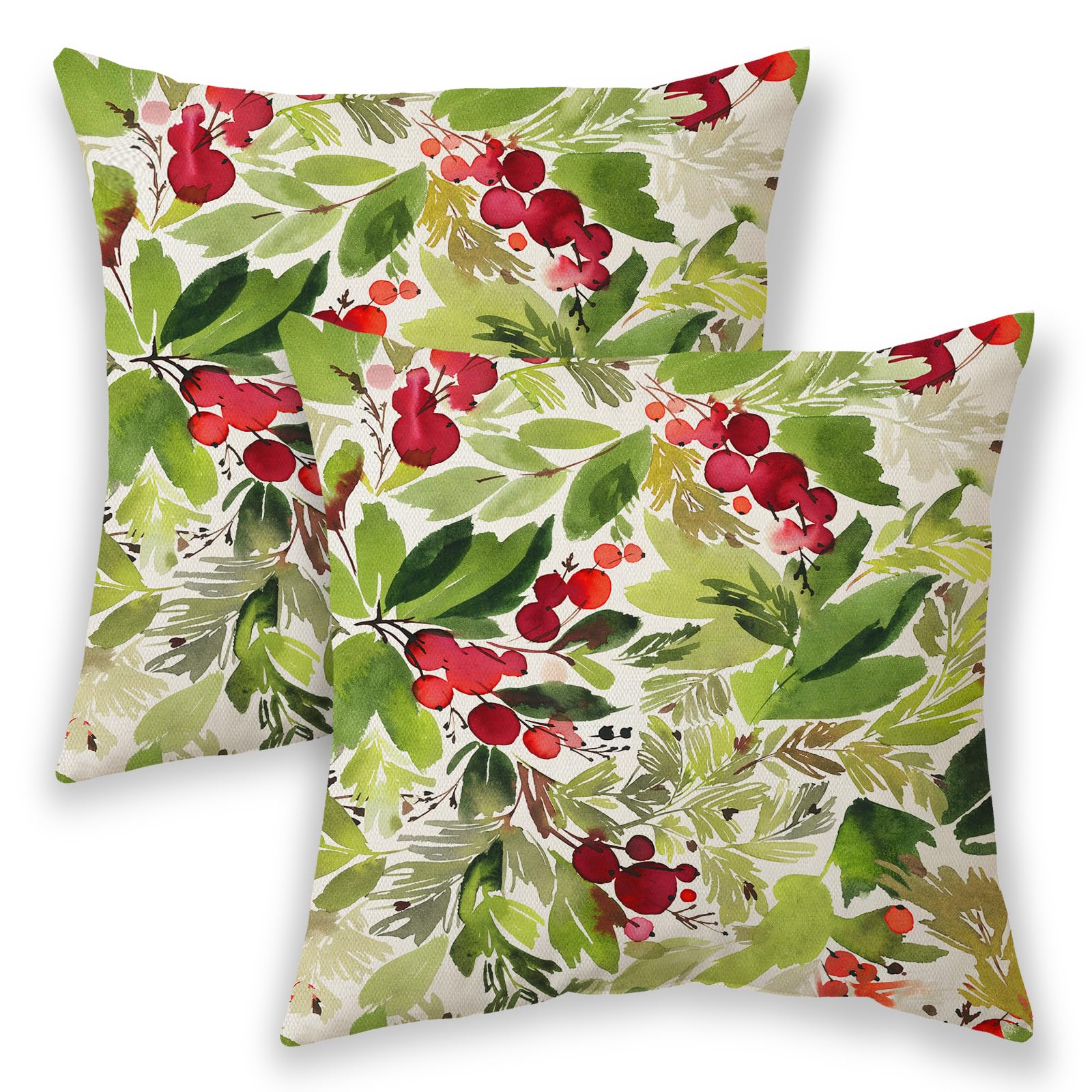 BETGINY Christmas Pillow Covers 20x20, Watercolor Holly Outdoor Decorative Throw Pillows for Couch, Green Winter Xmas Decor Cushion Cover 2 Pcs Farmhouse Linen Pillowcase for Bed Car Safa