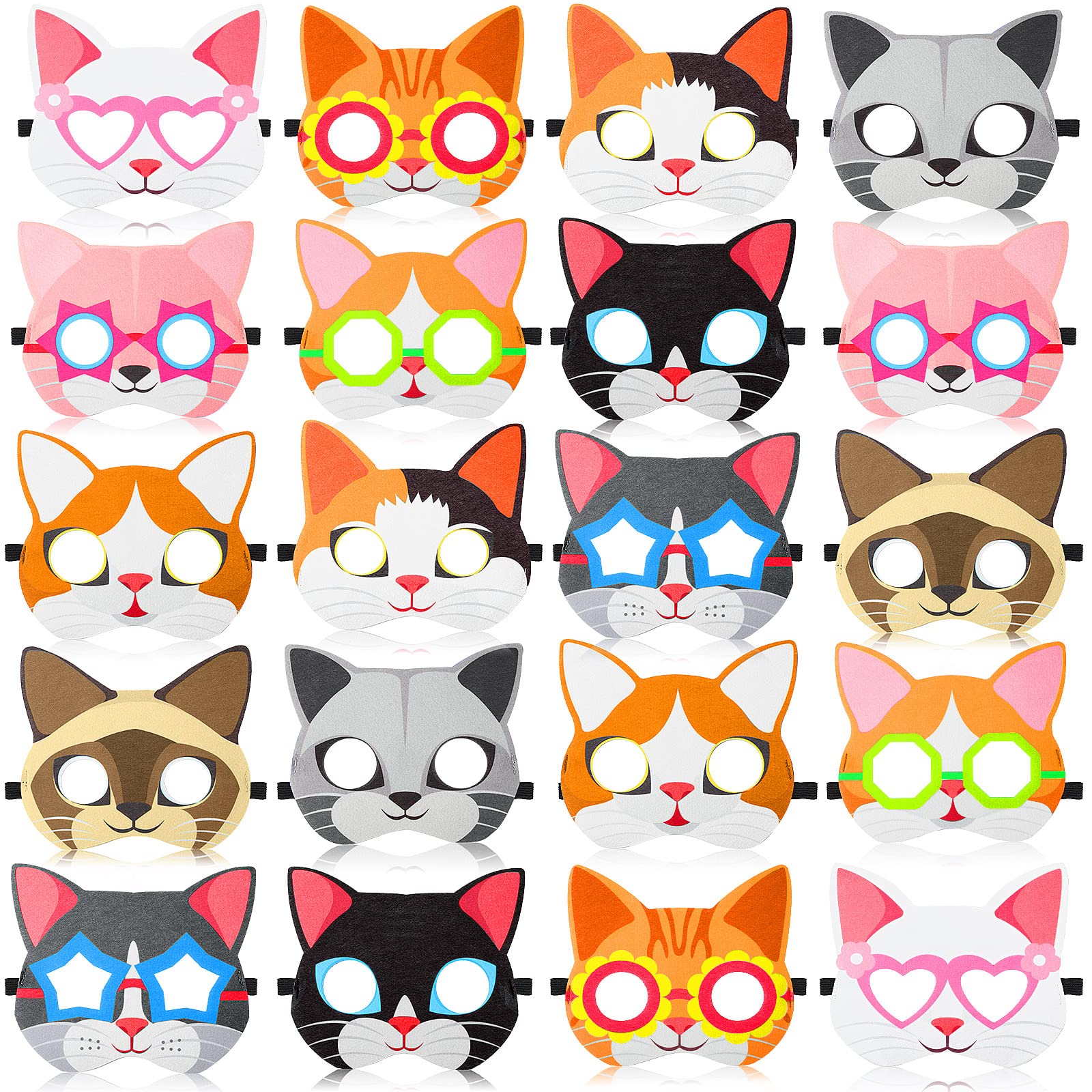 HyDren 20 Pcs Cat Party Favor Masks for Kids 10 Styles Cat Themed Decorations Halloween Kitten Felt Masks Animal Theme Party Supplies for Kids Cosplay