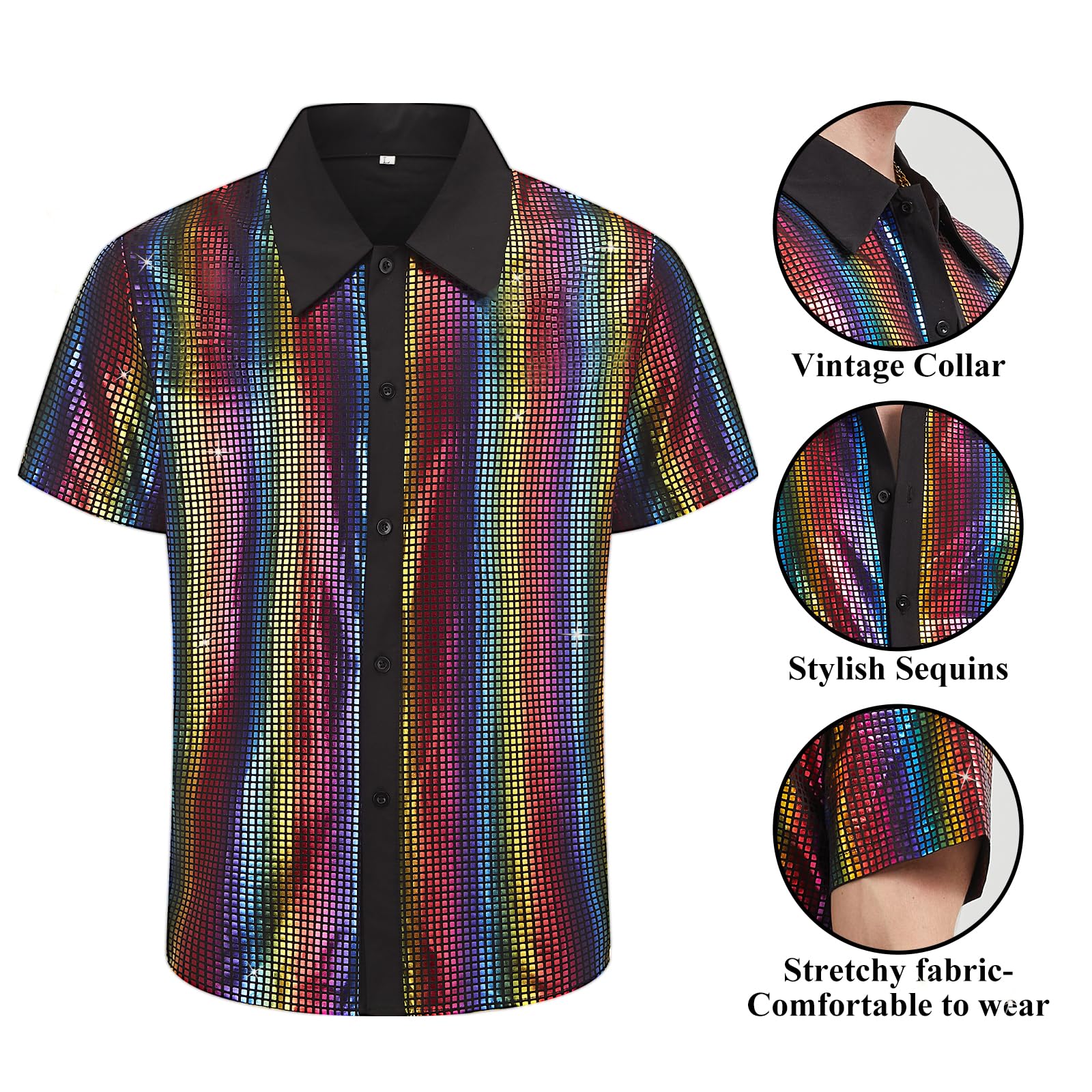 Ezuwail Herren 70er Jahre Disco Outfit Kostüm Kurzarmhemden Schlaghosen Perücken Halskette Schnurrbart Sonnenbrille 6Pcs