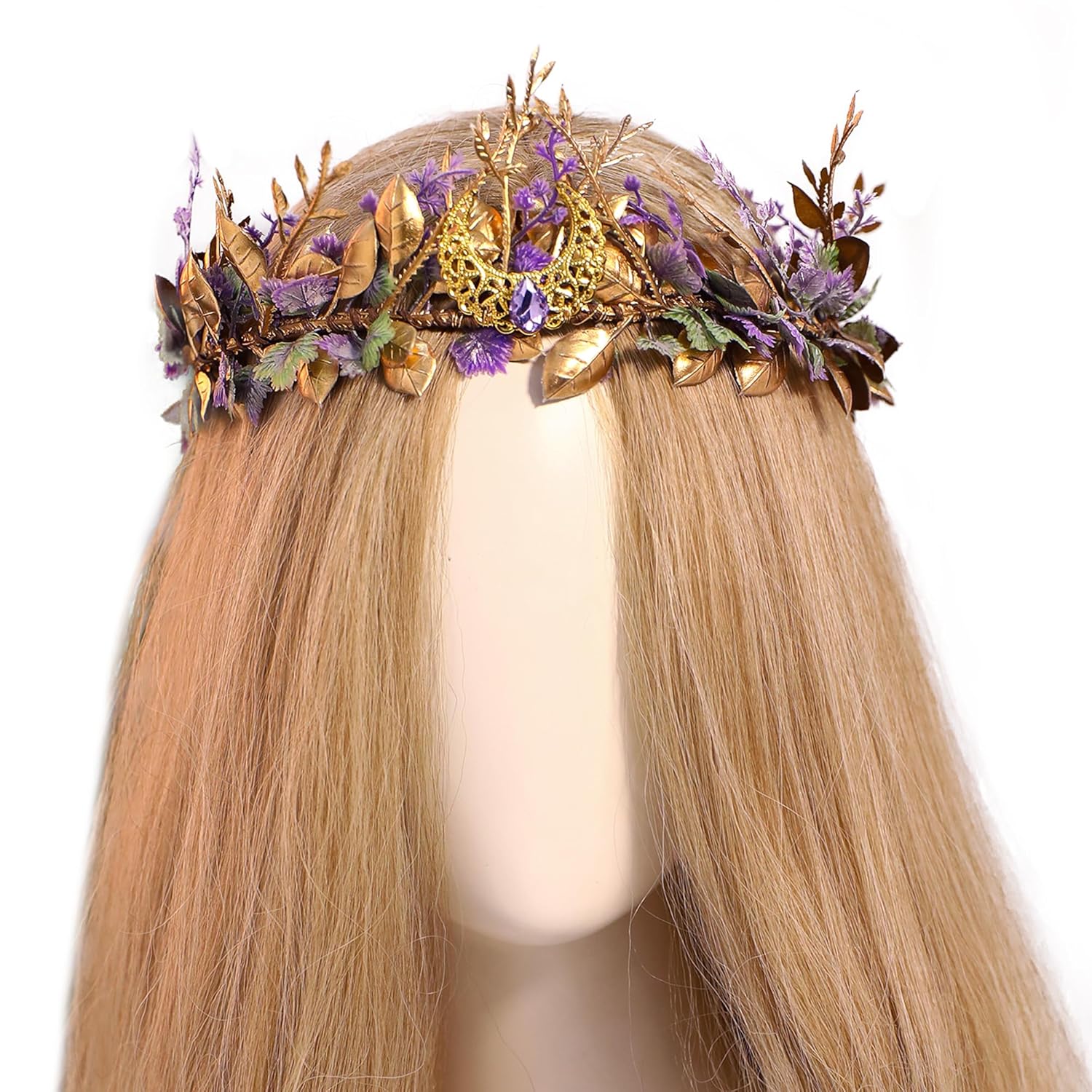 MOSTORY Woodland Flower Fairy Crown - Renaissance Elf Floral Headpiece Medieval Forest Leaf Circlet for Women Cosplay Halloween Princess Fantasy Aesthetic gold-purple