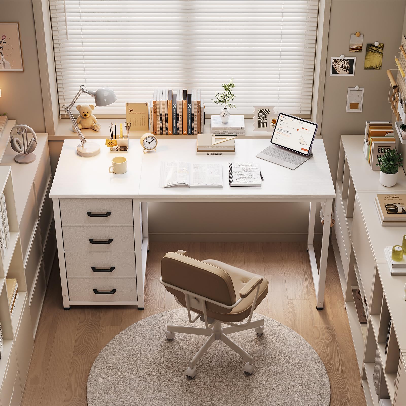 ODK Kleiner Schreibtisch mit 4 Schubladen, 100x48x75.7cm Computertisch Umkehrbarer Bürotisch mit Kopfhörer Halter, PC Tisch Holz für Heimbüro, Weiß