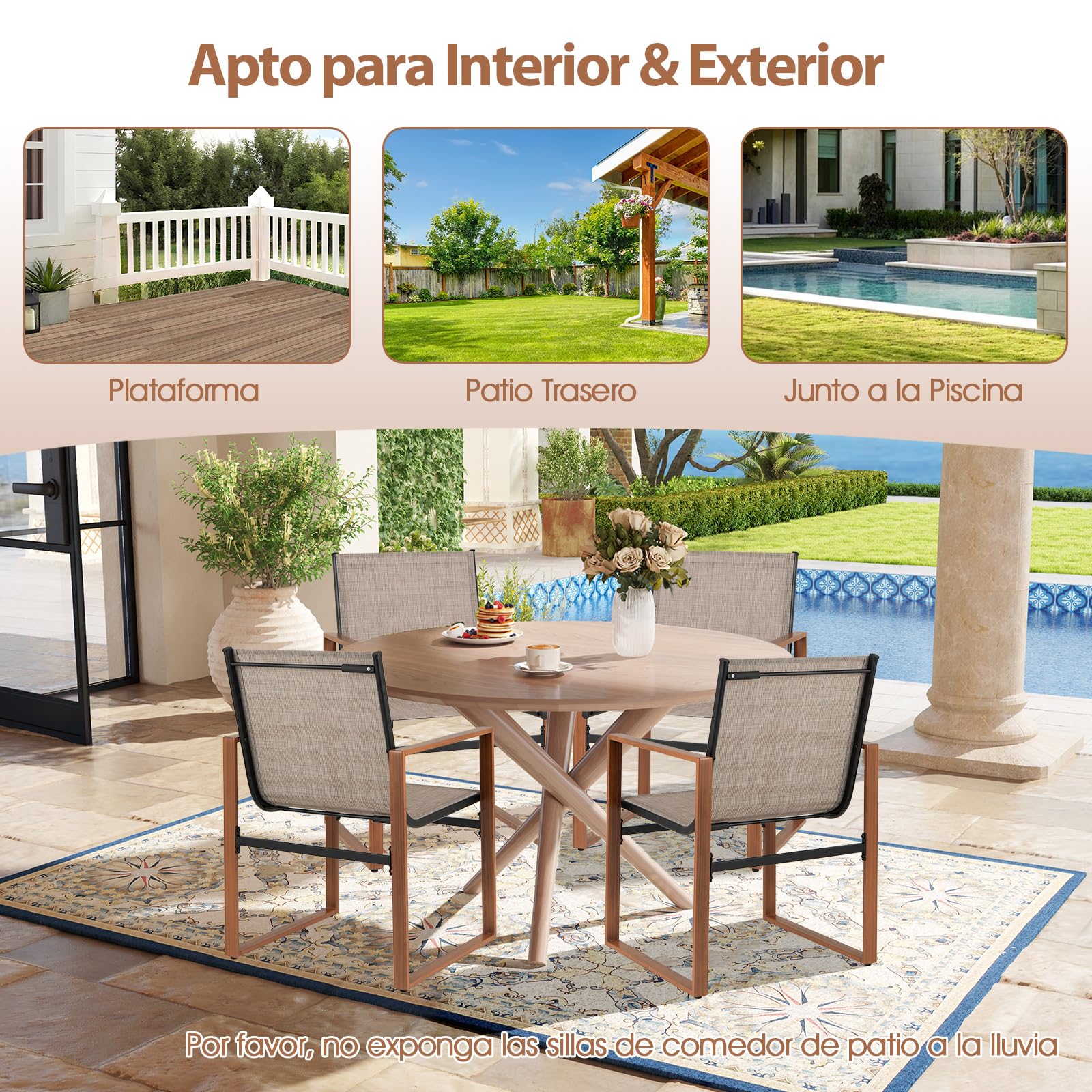 COSTWAY 2 Sillas Jardin Exterior Textilene, Sillas Terraza Exterior Asiento y Respaldo Transpirable, Estructura de Metal, Reposabrazos Anchos, 59 x 55,5 x 86 cm (café)
