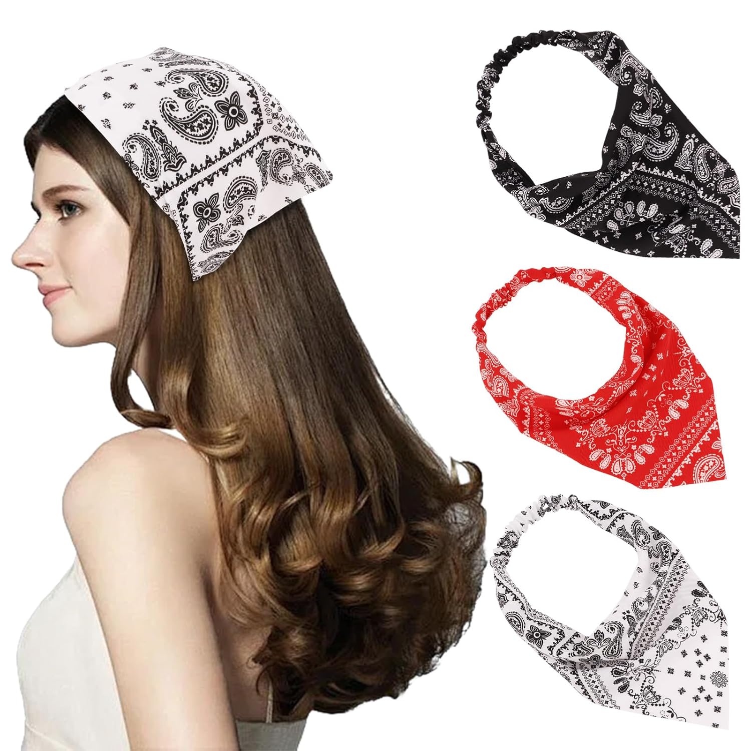 Elastic Hair Scarf Headband 3 PCS Bandanas for Women Paisley Triangle Head Bands for Women's Hair Non Slip Vintage Kerchief head scarf with Hair Clips for Girls