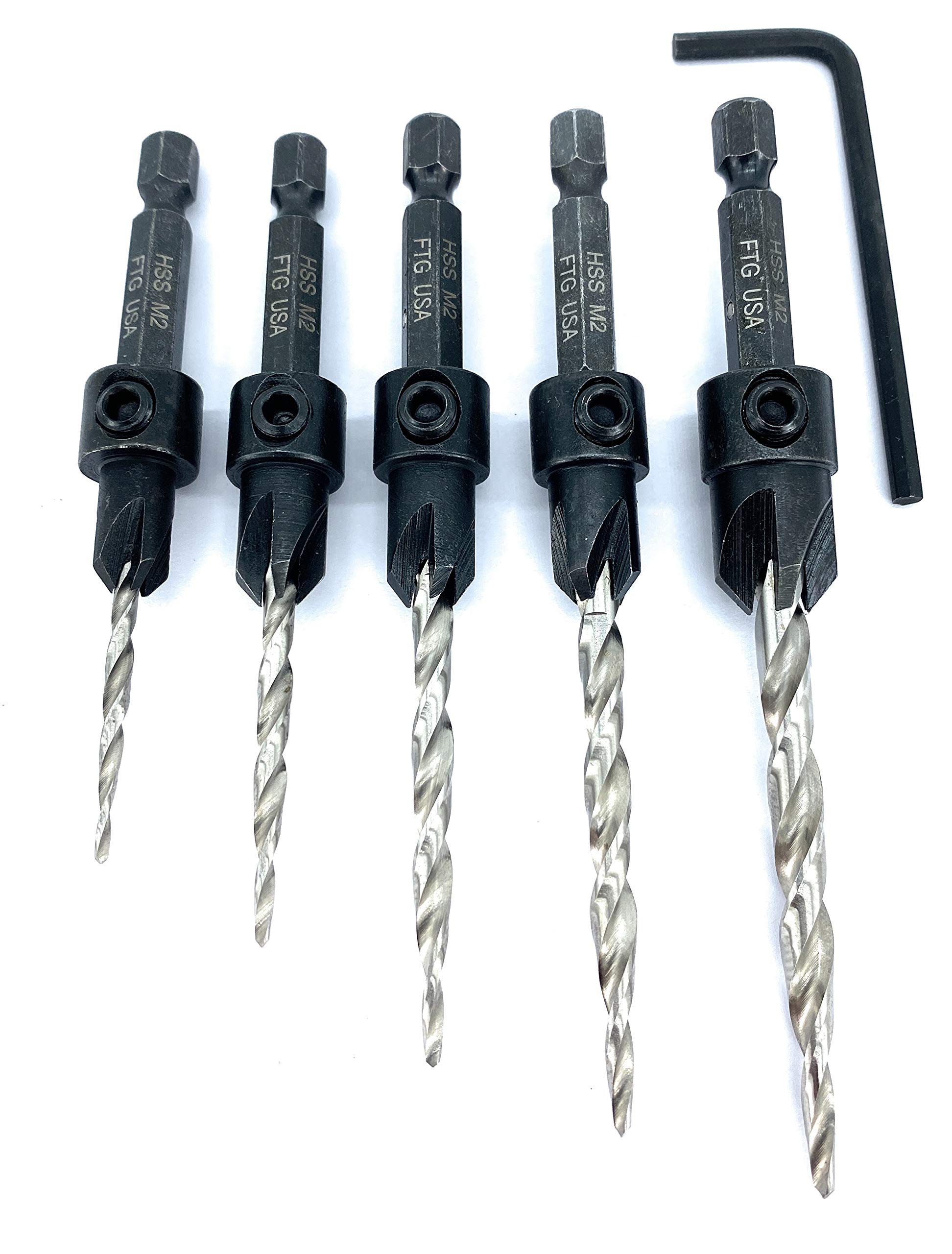 FTG USA FTG Maximum Torque - 5 Piece Adjustable Wood Countersink #4, 6, 8, 10, 12 Value Set with Hex Wrench - Tapered Drill Bits
