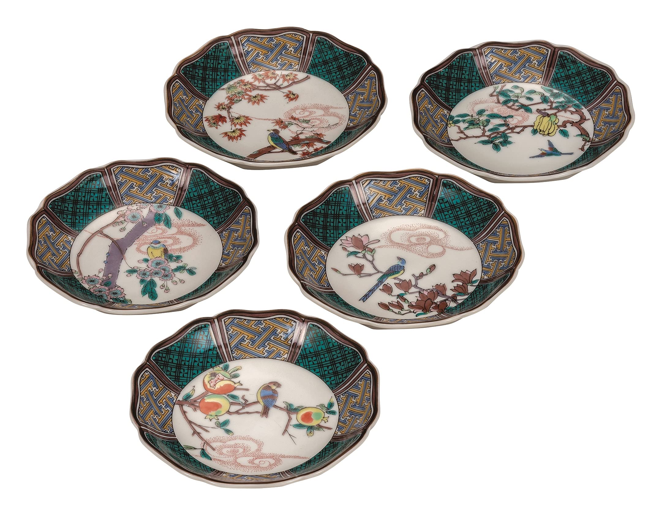 九谷仙春　八角皿5枚セット　花鳥絵変り 九谷仙春 八角皿5枚セット 花鳥絵変り