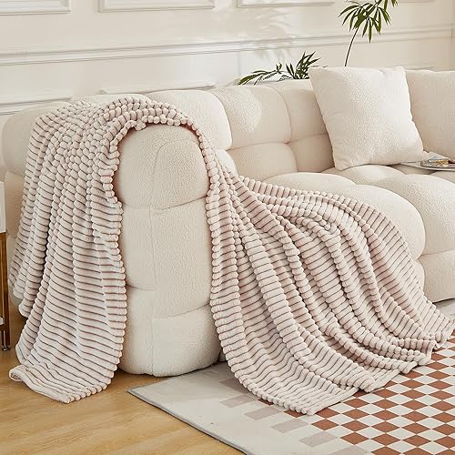 Miniatura 2 de EMME Manta de forro polar tamaño individual para sofá, color caqui, suave, afelpada, cálida y acogedora, de una sola capa, tacto 3D a rayas,
