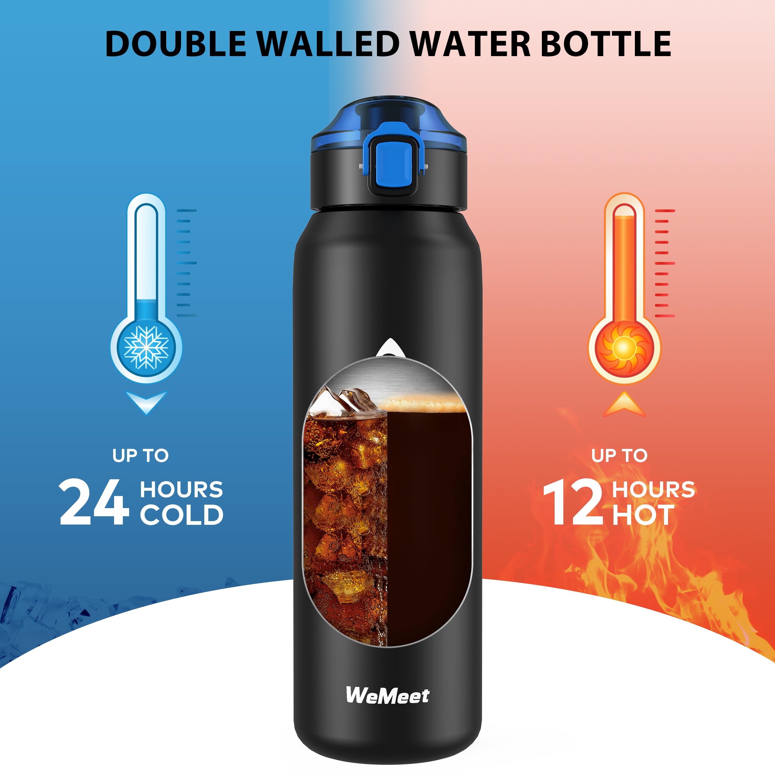 WEMEET Borraccia da 1000 ml, in acciaio inox con cannuccia rimovibile, in acciaio inox 18/10, senza BPA, con tracolla rimovibile per caffè, tè, perfetta per attività all'aperto, lavoro, bambini,