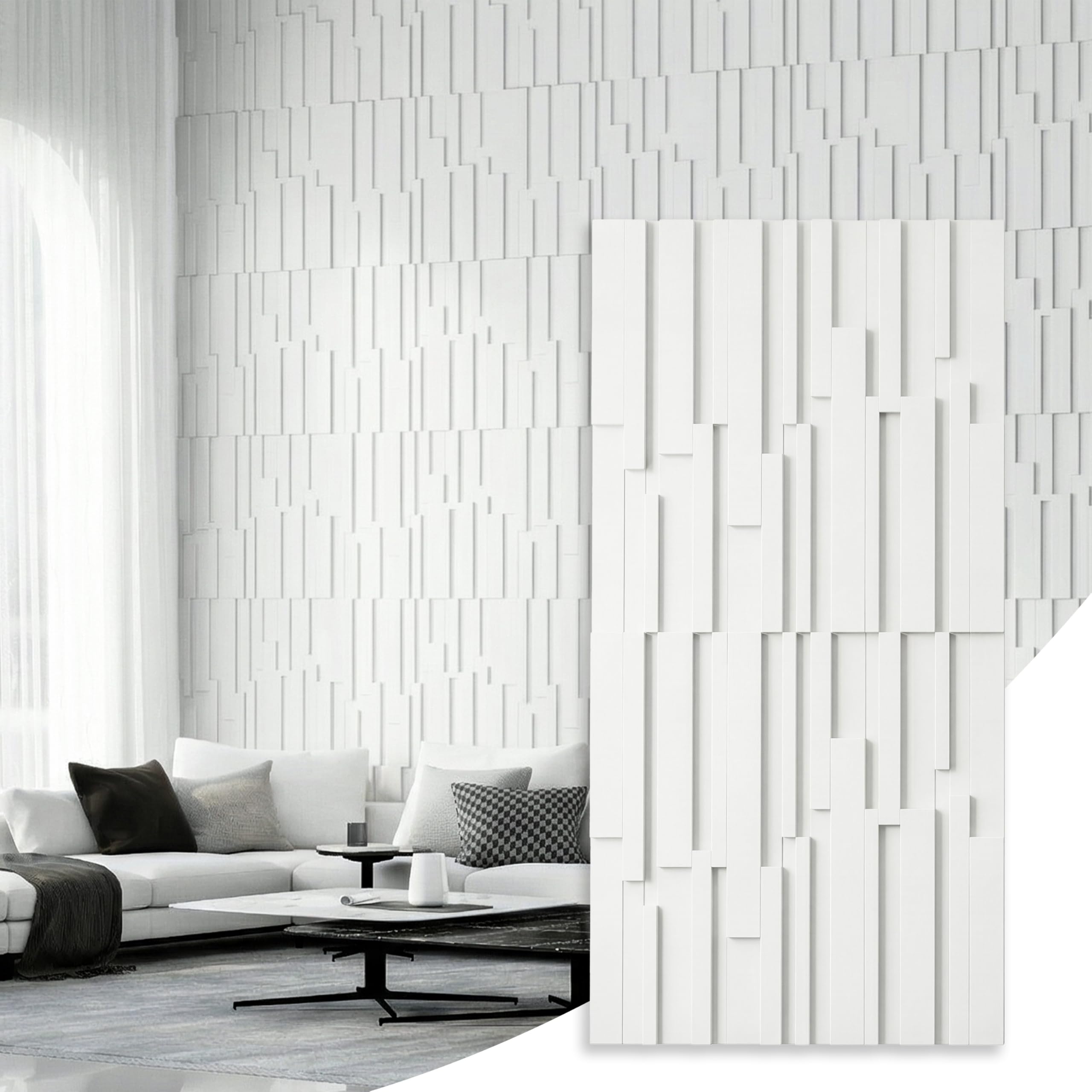 Photo 1 of janasse Large PU Decorative Wall Panels, 4-Pack Covers 31 Sq.Ft – 47.2" × 23.6" 3D Architectural Accent Wall Panels for Living Room, TV Wall, Office & Commercial Spaces (White)
