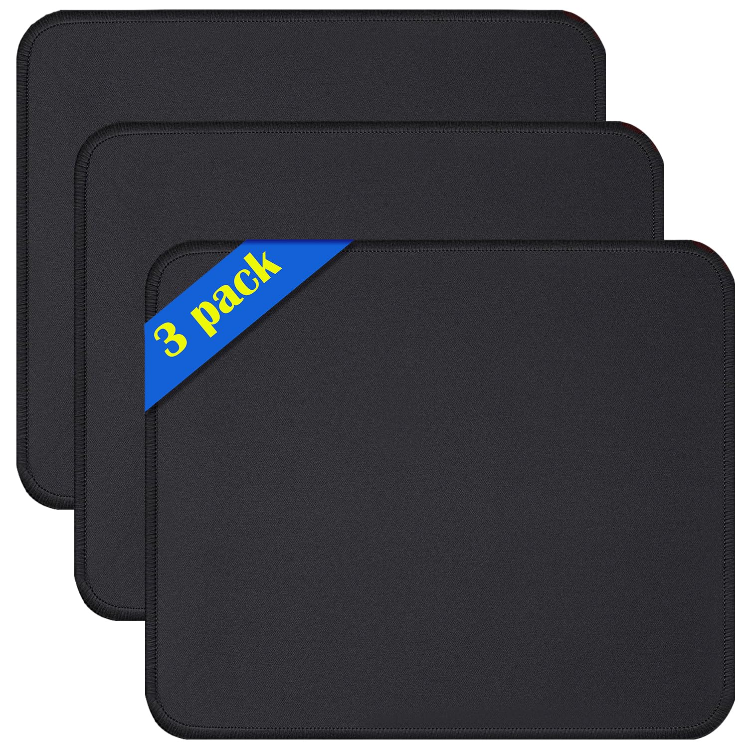 VOSZT Mouse Pads, 3 PCS, Black Standard Mouse Pads, Office and Gaming,Stitched Edges, Rubber Anti Slip Base Mouse pad, Dirt Resistant, Durable, Square