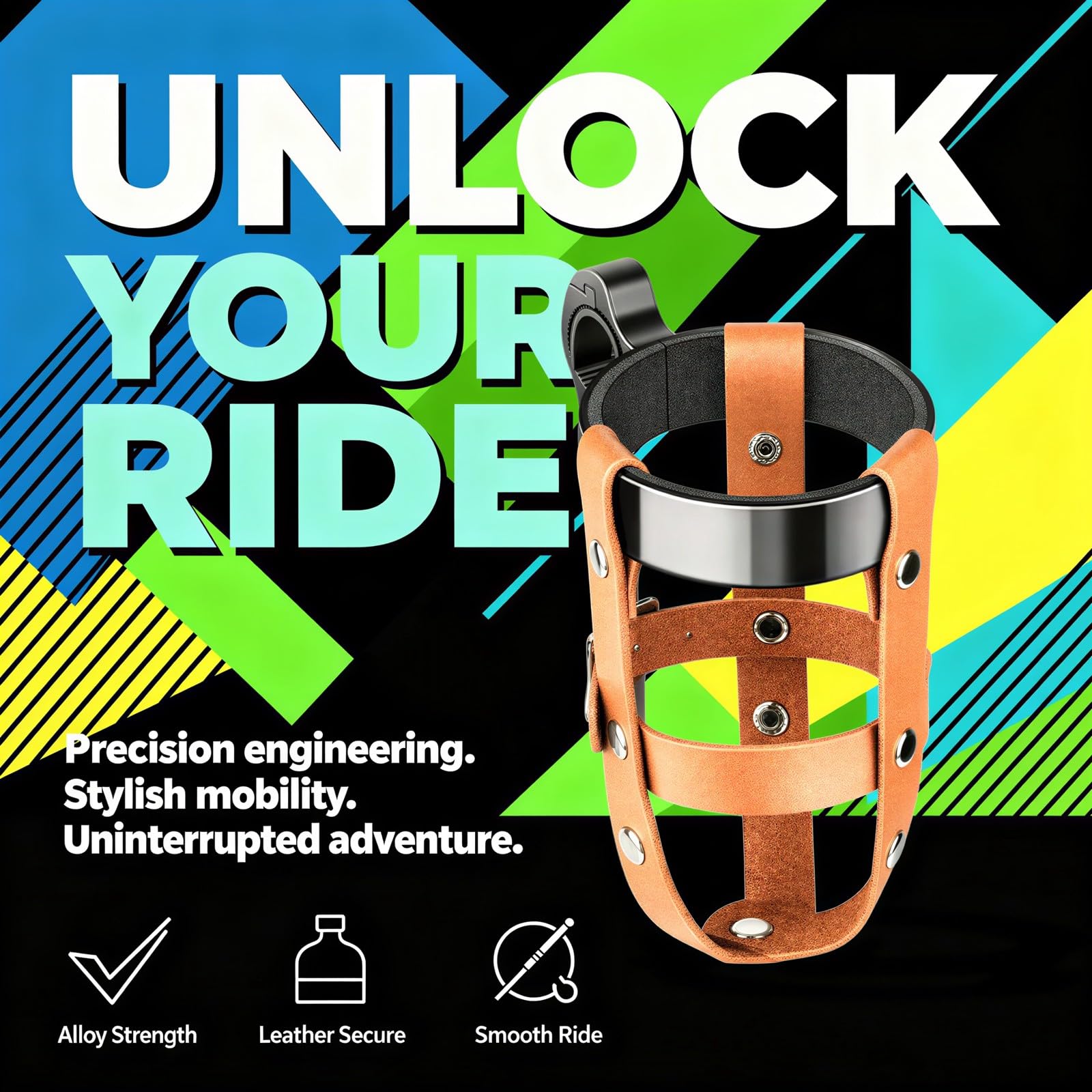 Fahrrad Becherhalter aus Aluminiumlegierung, Schwarze Halterung mit braunem Lederband, Motorrad und Fahrrad Flaschen Organizer für Lenker 0,83-1,06 in / 2,1-2,7 cm