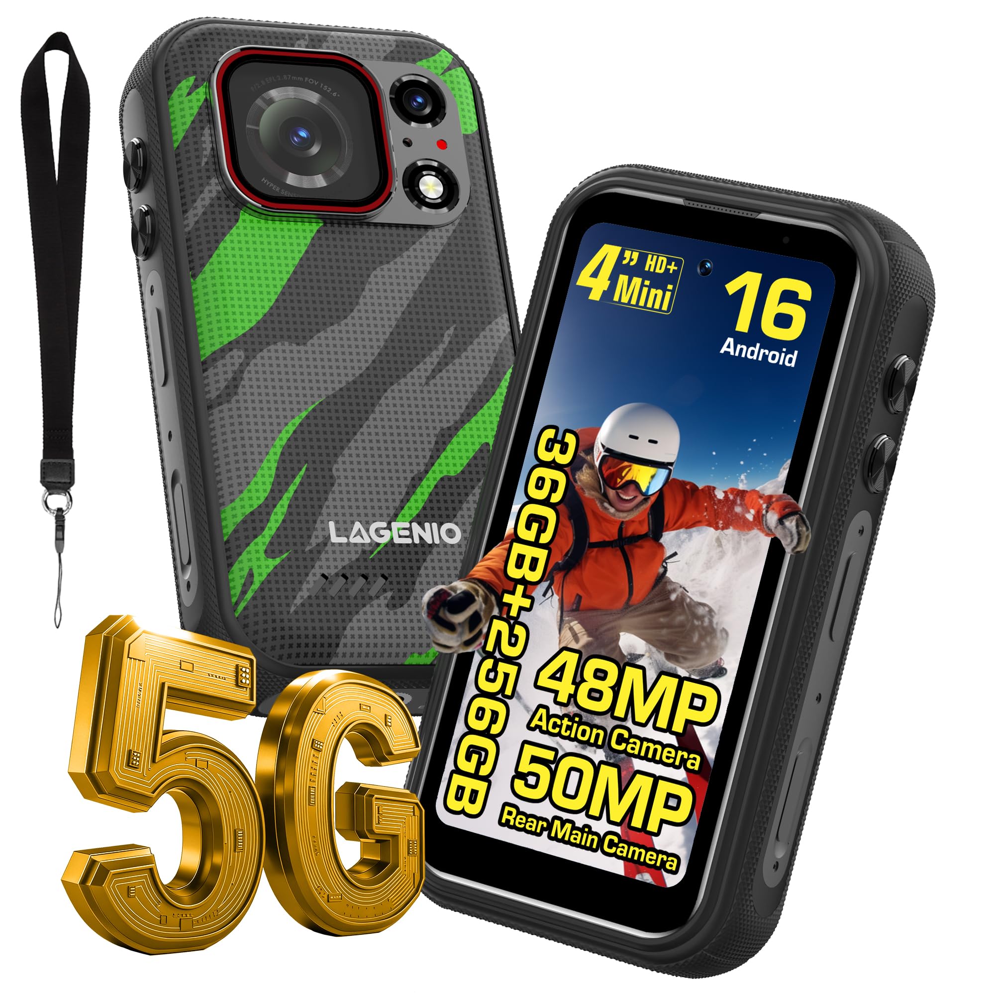 Eagle Pro Mini 5G Smartphone Rugged con Action Camera 4K, Android 16, 32GB+256GB/1TB, Grandangolo 152,6°, Batteria 4,5 Ore, Stabilizzazione, Display 4,0", Dual SIM 5G, NFC, IP69K, Verde