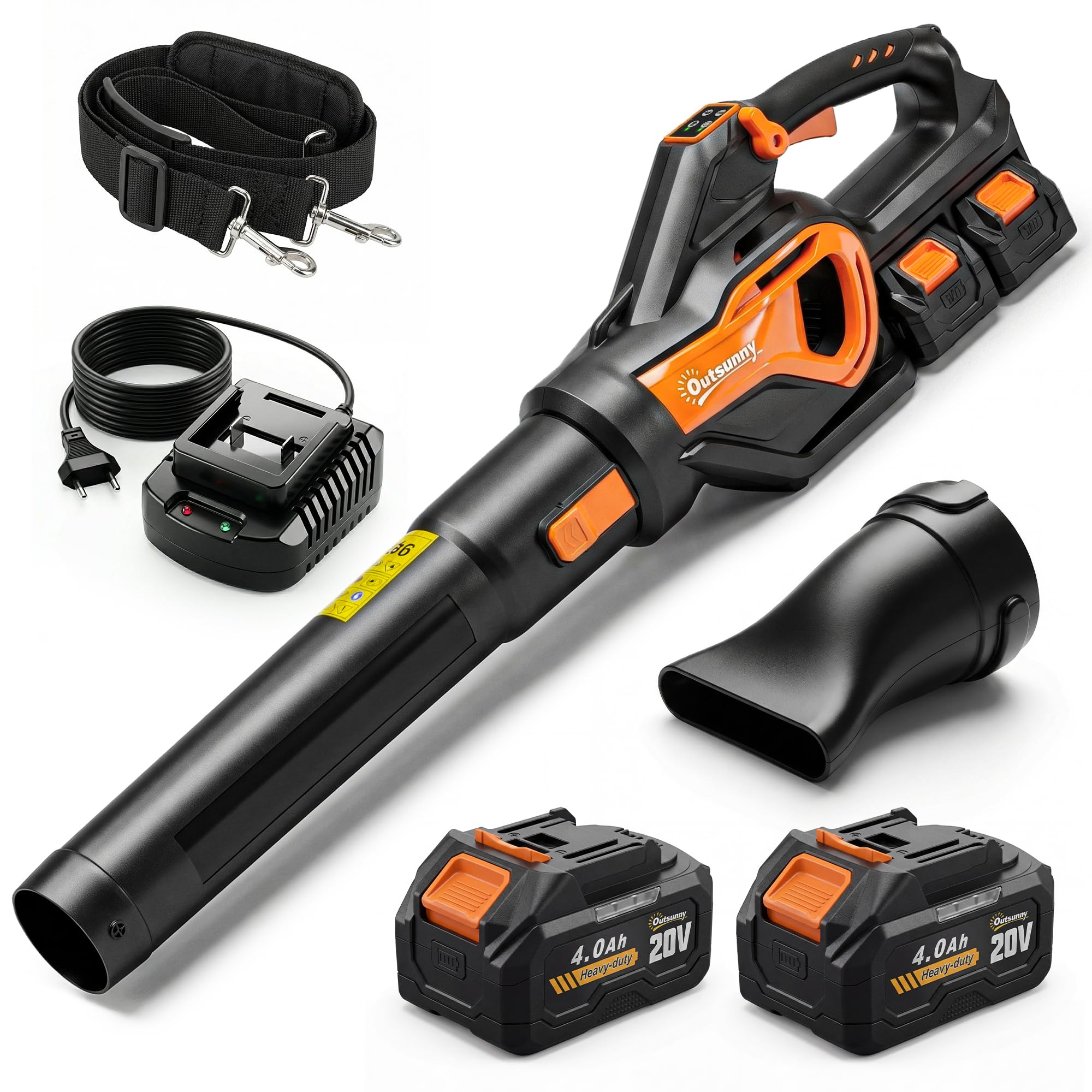 Outsunny Soplador de hojas inalámbrico de 20 V, con 2 baterías de 4,0 Ah y cargador, turbo Boost 162,7 km/h, velocidad de soplado, potencia de succión de 912 m³/h, 3 modos de flujo de aire, correa