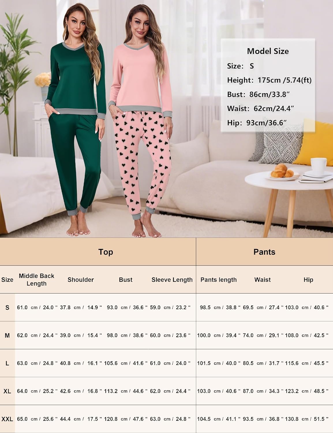 2 Pack Womens Pajama Sets Long Sleeve Sleepwear Matching Pjs Set V Neck Loungewear with Pockets S-XXL - Image 8
