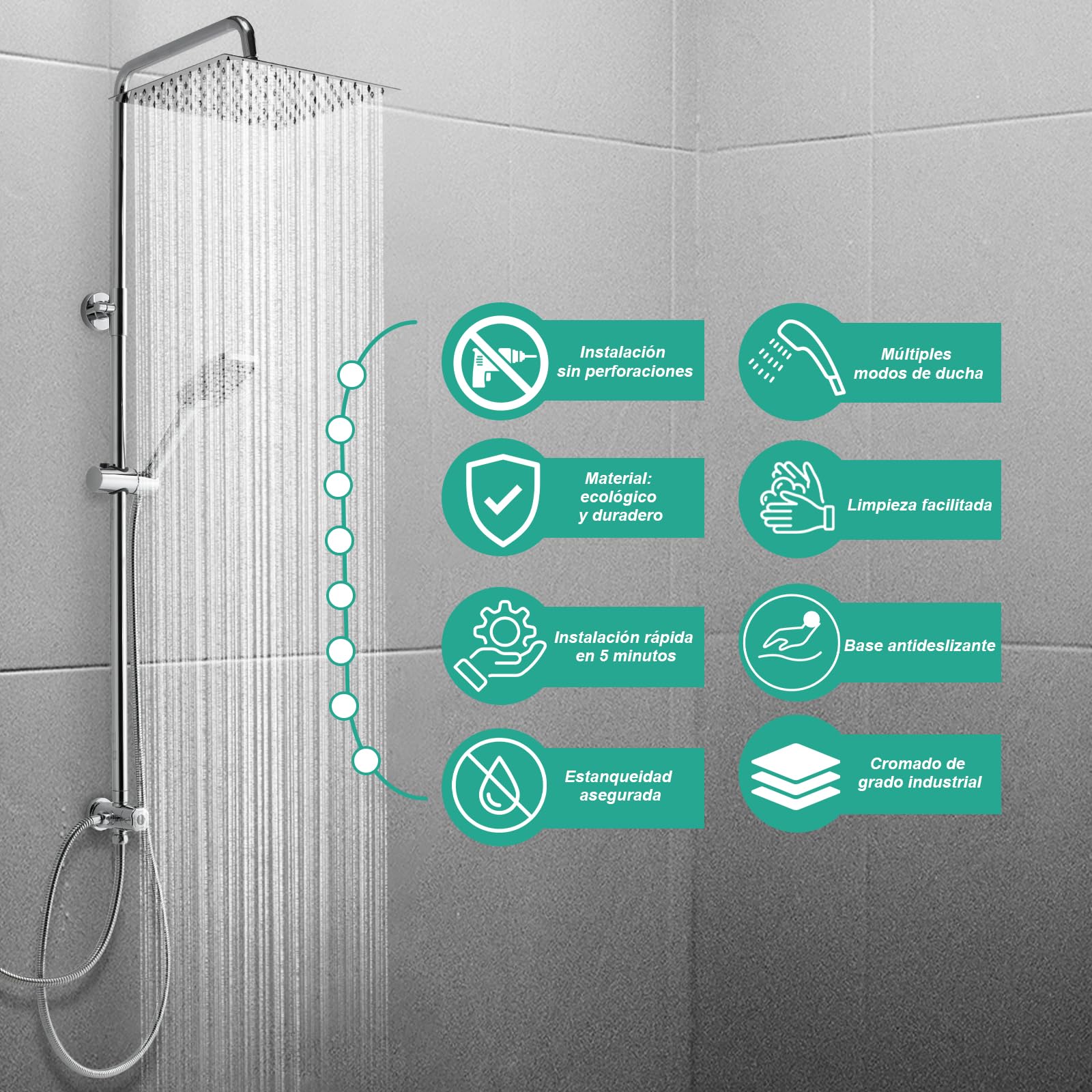 OFFO Conjunto de Ducha, Columna Ducha sin Grifo, 20x20cm Ducha de Lluvia de Acero Inoxidable, Con Manguera Ducha 1,6m y Barra de Ducha de Altura Ajustable, Cromo