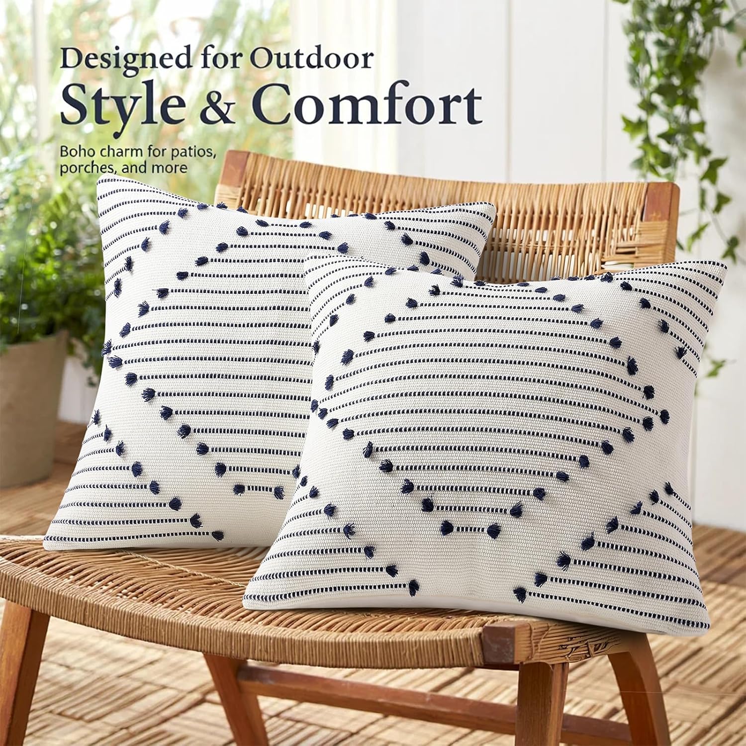 Mecatny Boho Outdoor Throw Pillow Covers 12X20 Set of 2, Farmhouse Lumbar Pillow Covers for Couch Sofa Living Room, Navy & Cream White