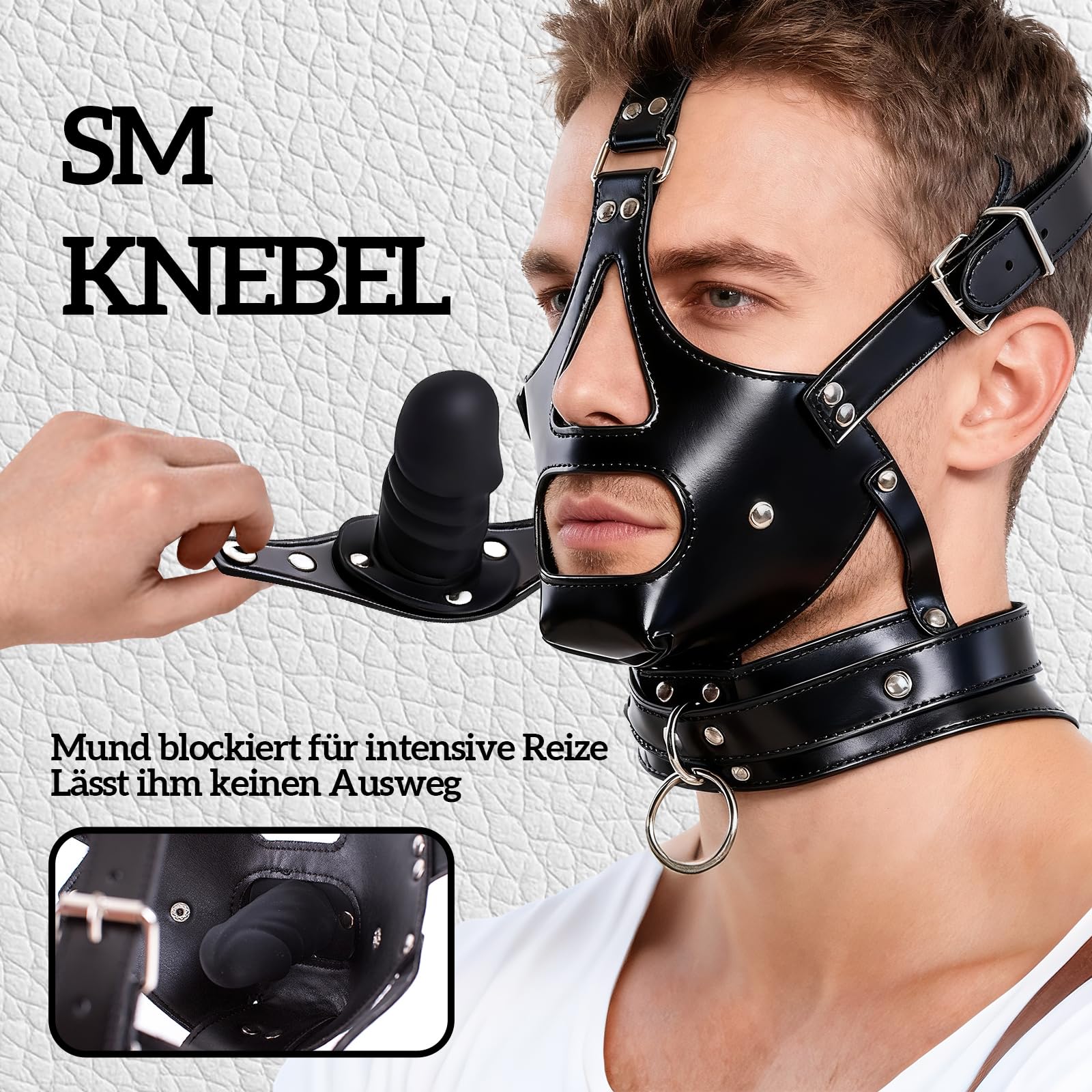 Masque BDSM SM avec Boule de Bâillon Bondage en Cuir Ajustable Fétichiste Érotique Esclave Muselière Similicuir Plug Pénien Amovible Sexuel