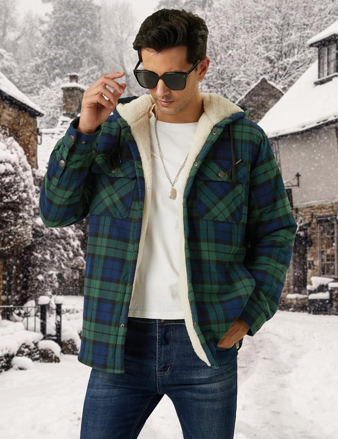 CRYSULLY Men's Flannel Jackets Sherpa Fleece Lined Hoodies Soft Warm Plaid Shirt Jacket Cotton Button Winter Coat with Hood - Image 2