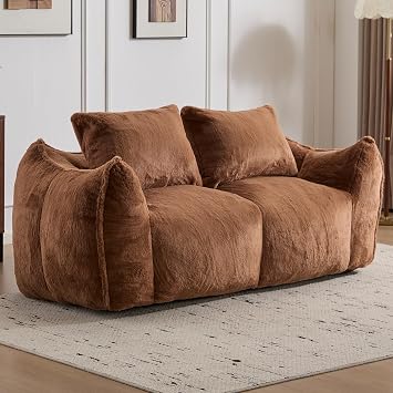 75.2" Wide Giant Bean Bag Sofa, Faux Fur Upholstered Lazy Couch with Pillows, Comfy Loveseat Couch with Large Armrests, Oversized Floor Sofa for Living Room Brown