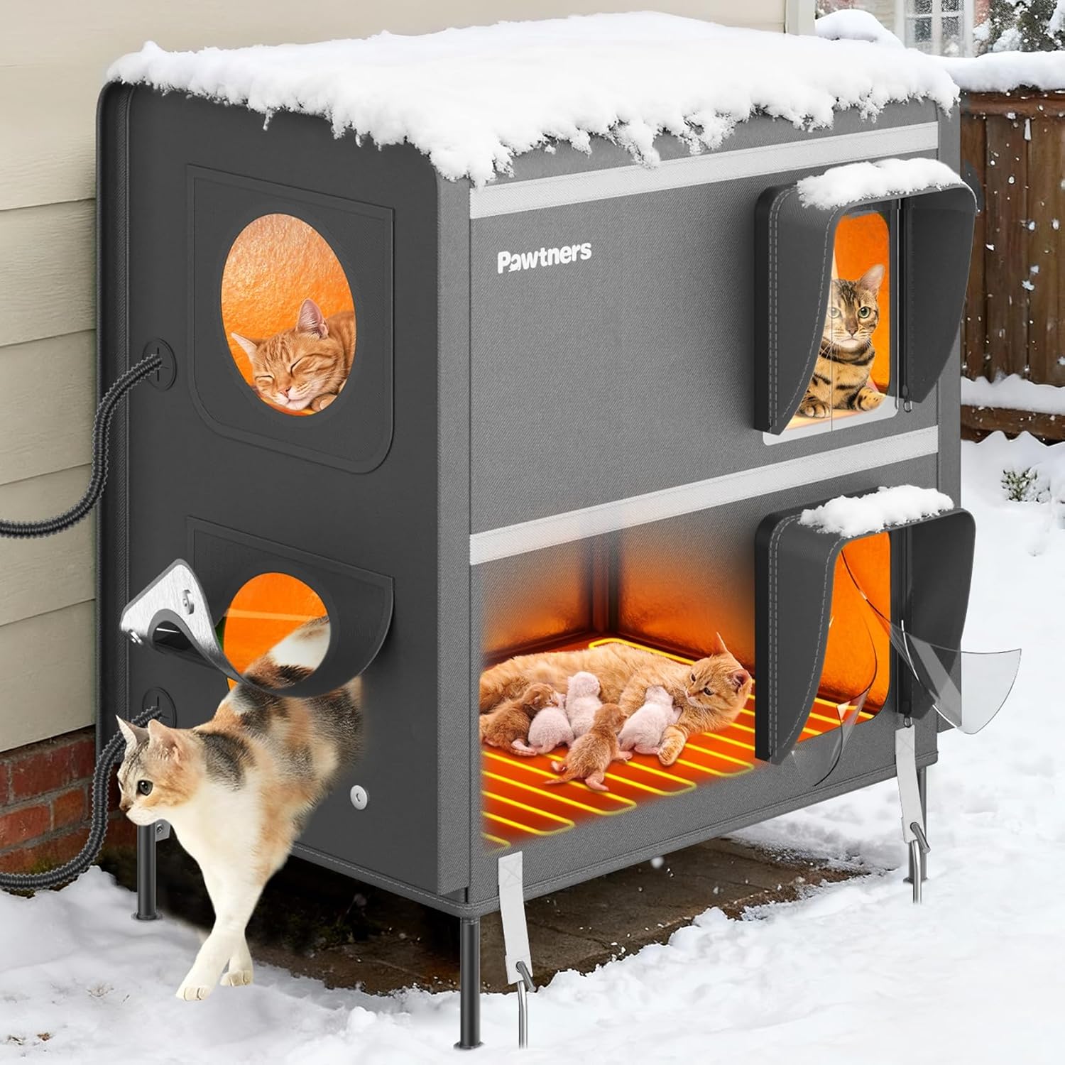Pawtners Heated Outdoor Cat House for Outside Cats, 19'' Large Insulated Weatherproof Cat Shelter with Heated Pad, Elevated Feet & Escape Door, Warm Kitty House for Feral or Stray Cats in Winter