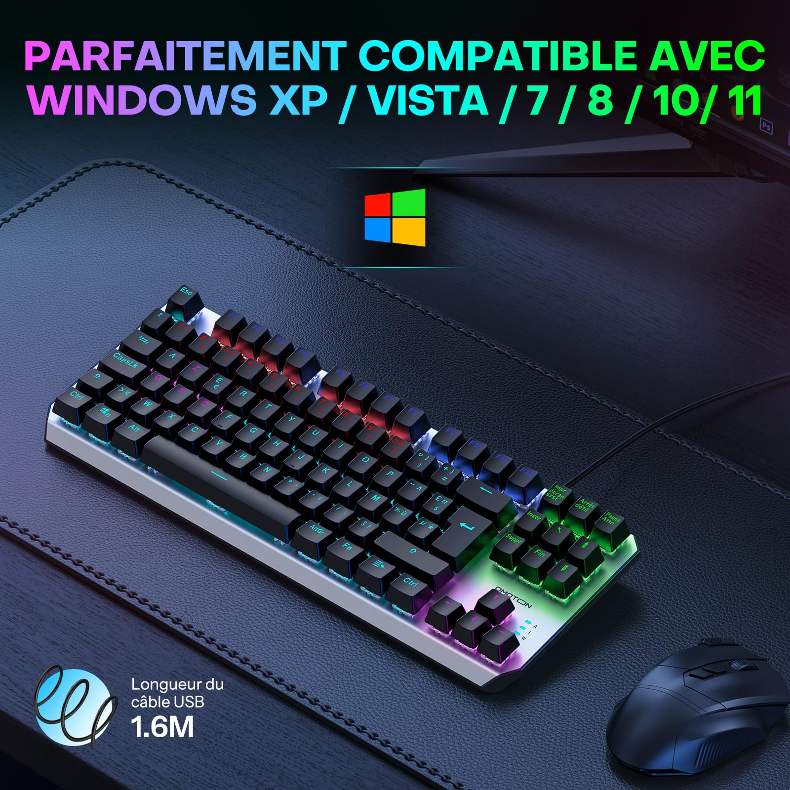 OMOTON Clavier Gamer Mécanique Filaire USB, 80% TKL Clavier Gaming Mecanique Rétroéclairé avec Switch Rouge, Anti-Ghosting, AZERTY Français pour PC/Windows