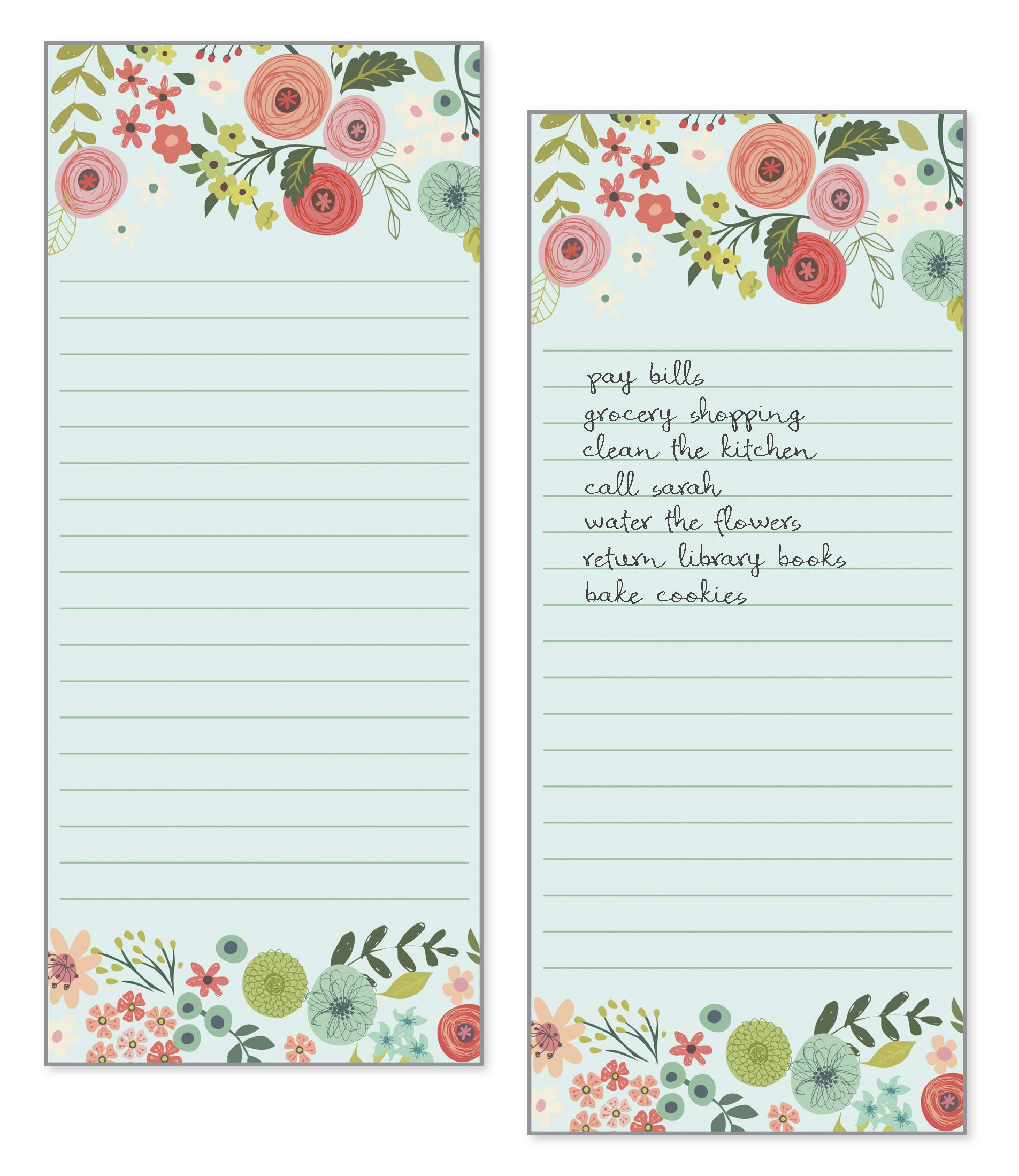 Set of 2- Teal/Coral Flowers List Pad, Notepad, Shopping List with Attachable Magnet