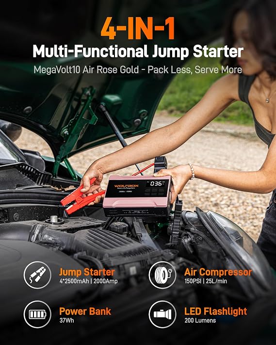 WOLFBOX 2000A Jump Starter with Air Compressor, 12V Jump Box, Rose Gold