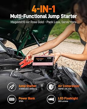 WOLFBOX 2000A Jump Starter with Air Compressor, 12V Jump Box, Rose Gold
