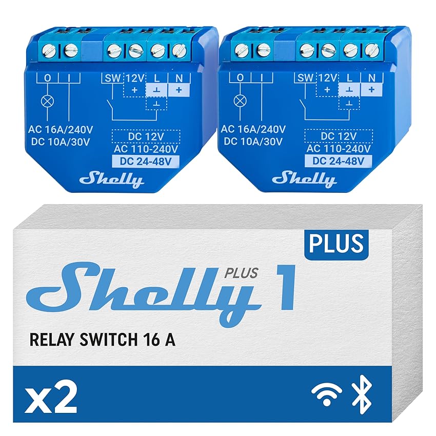 Shelly Plus 1, Relè interruttore intelligente, Wi-Fi & Bluetooth, Contatti a potenziale zero, Compatibile Con Alexa & Google Home, App iOS Android, Nessun Hub Richiesto (2 pezzi)