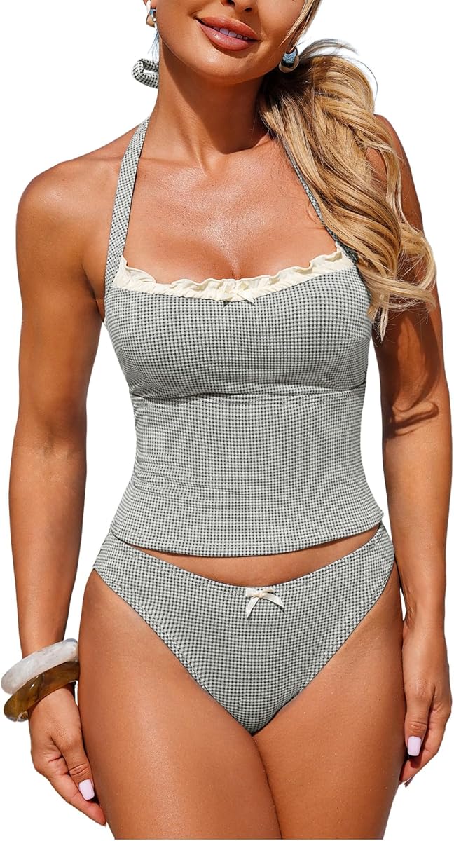 ZAFUL Halter Tummy Control Swimsuits for Women Strapless Tankini 2026 Resort Vacation Bowknot Two piece Set for Teens