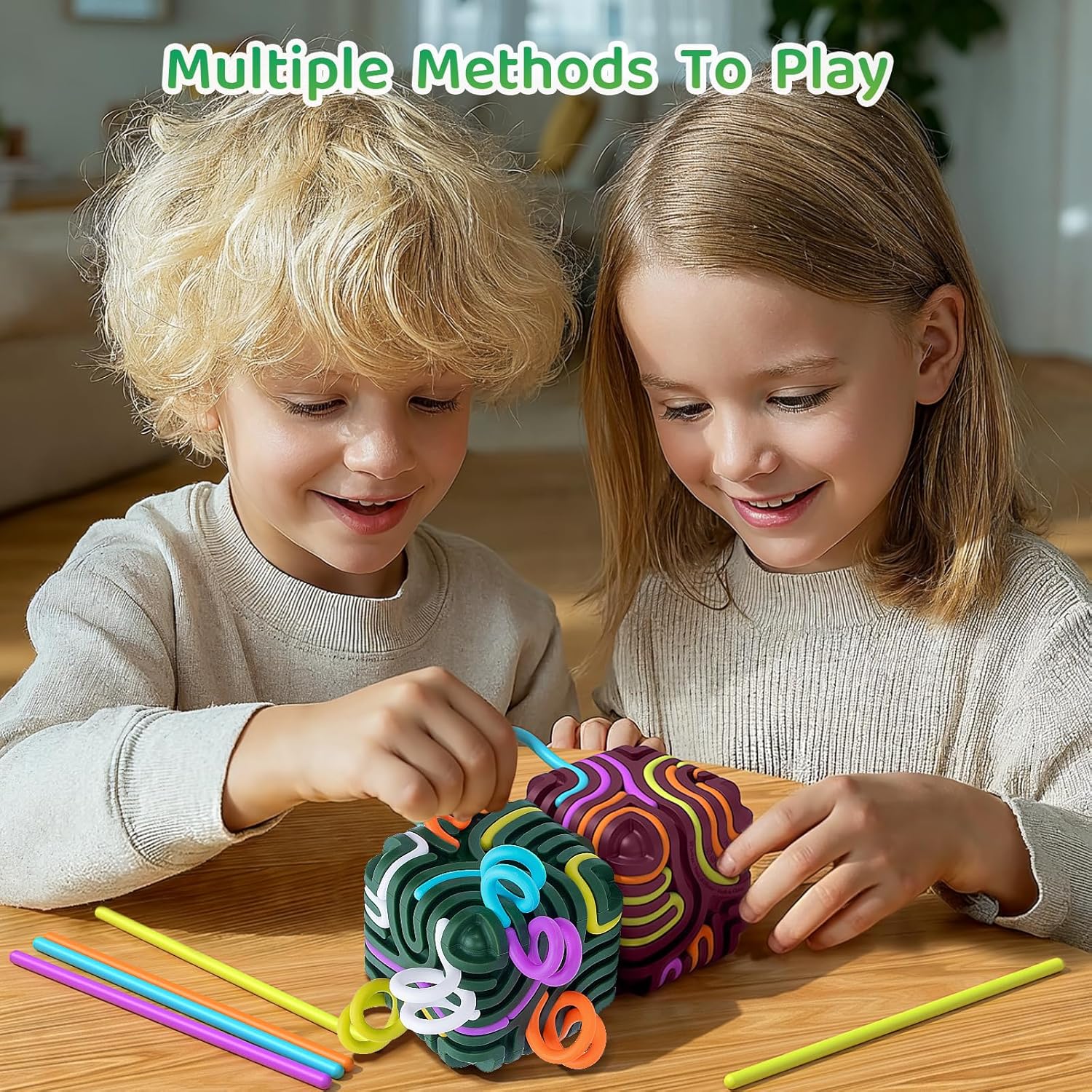 Accevo Sensory Fidget Toys for Kids Adults, Sensory Activity Board with 15 Strings, Silicone Cube Toys for Autism ADHD Anxiety Stress Relief, Stocking Stuffers for Women Men Teen Gifts