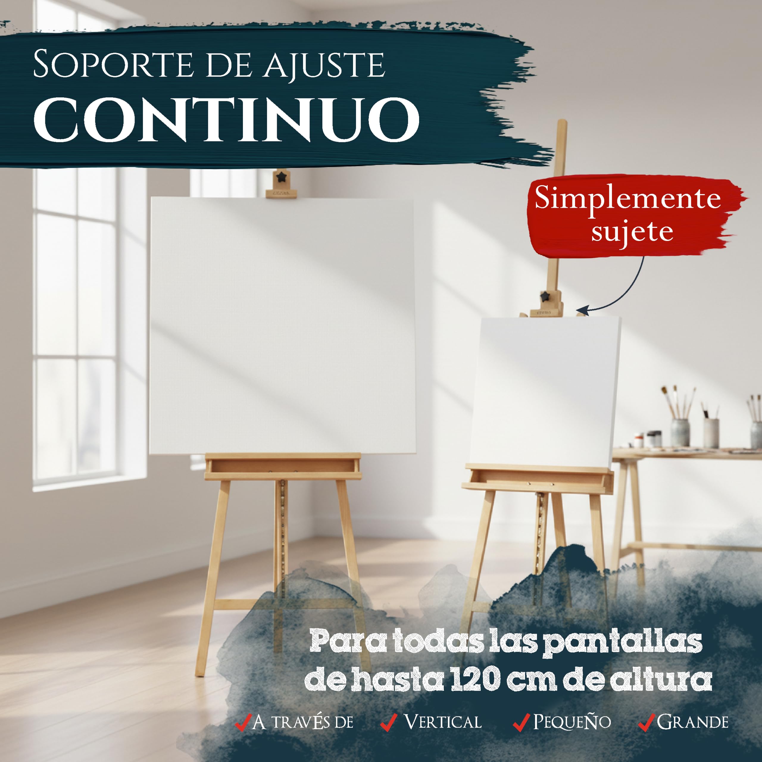 Artina – Kit de pintura 30 piezas con caballete de madera Barcelona + bastidores set Santorini – Set de acrílicos, pinceles y lienzos hasta 120cm, para iniciación y artistas aficionados