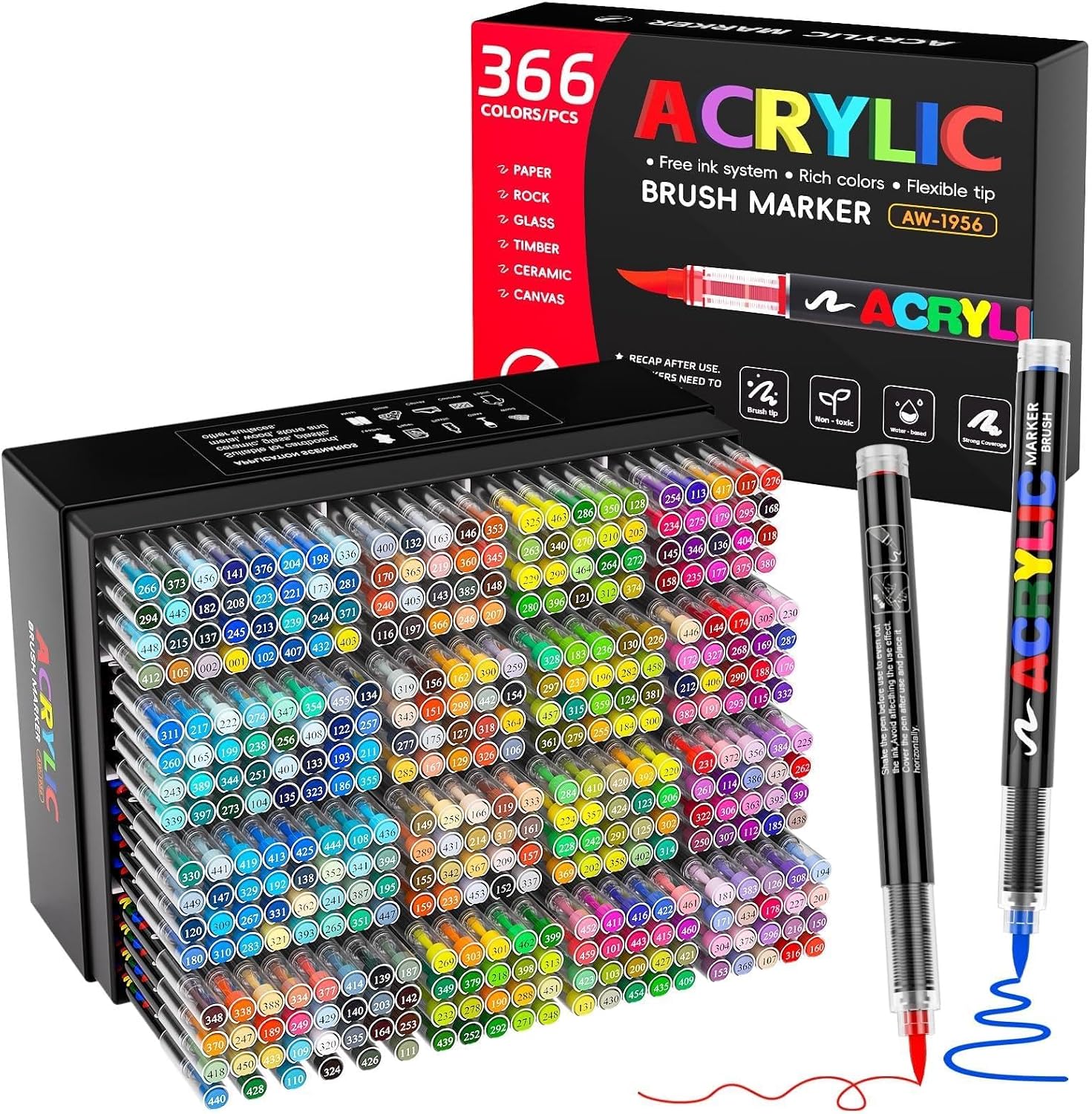 366 Colors Acrylic Paint Markers with Automatic Ink Control System, Quick Dry No Bleed High Opacity Water-Based Brush Tip for Rock Wood Canvas Glass Ceramic DIY Art Crafts