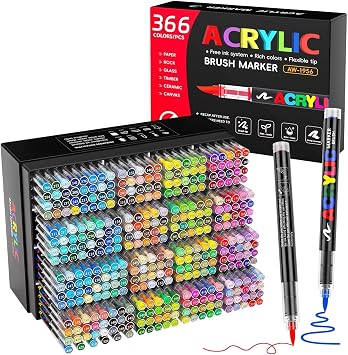 366 Colors Acrylic Paint Markers with Automatic Ink Control System, Quick Dry No Bleed High Opacity Water-Based Brush Tip for Rock Wood Canvas Glass Ceramic DIY Art Crafts