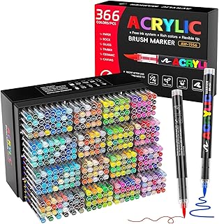 366 Colors Acrylic Paint Markers with Automatic Ink Control System, Quick Dry No Bleed High Opacity Water-Based Brush Tip for Rock Wood Canvas Glass Ceramic DIY Art Crafts