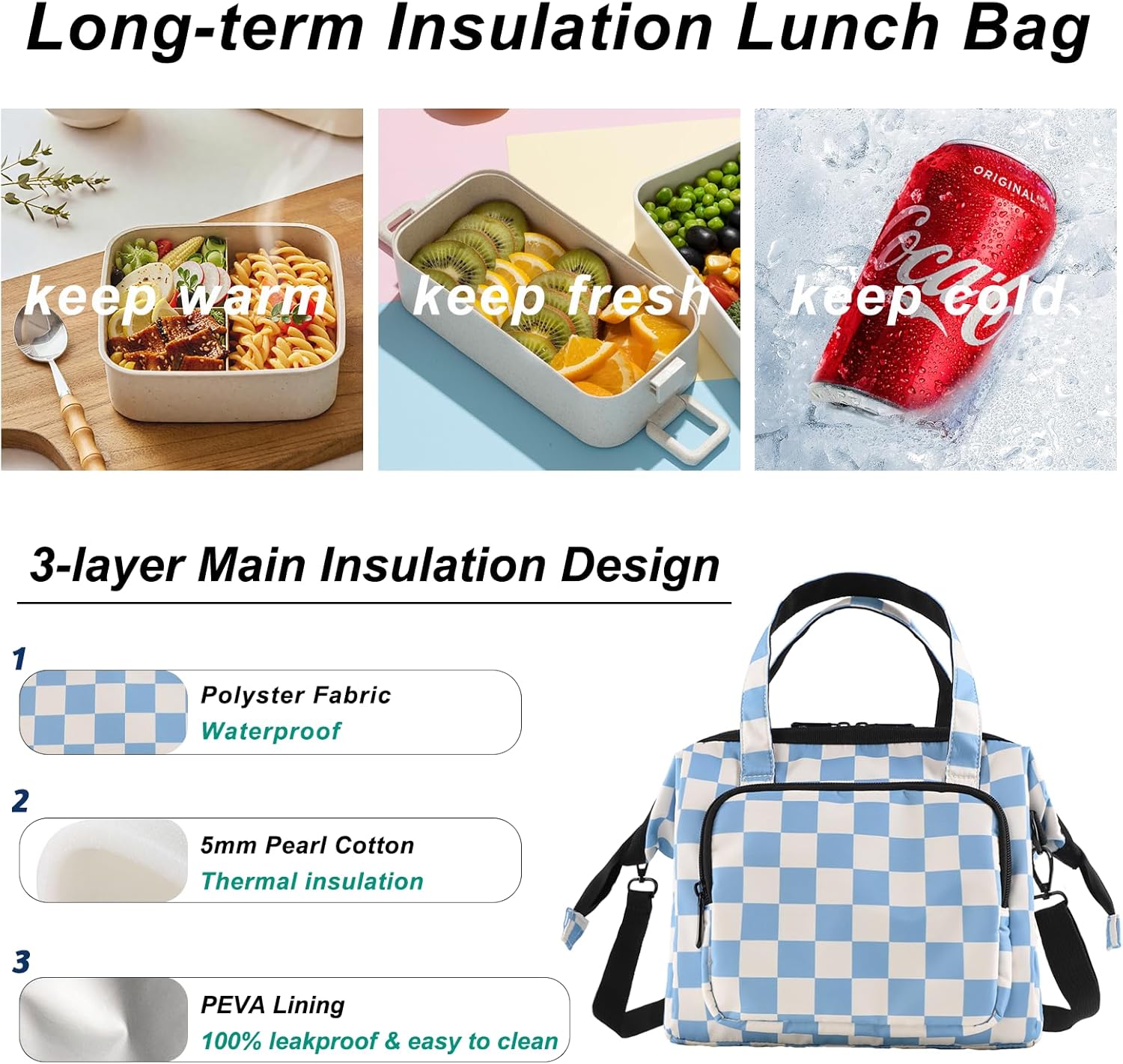U+U Reusable Lunch Bag for Women Men Leakproof Lunch Tote Bag with Adjustable Strap, Holds Lunch Box, Snacks, Fruits for Work, Picnic or Travel - Insulated, Large Capacity, Waterproof (Blue Checkered)