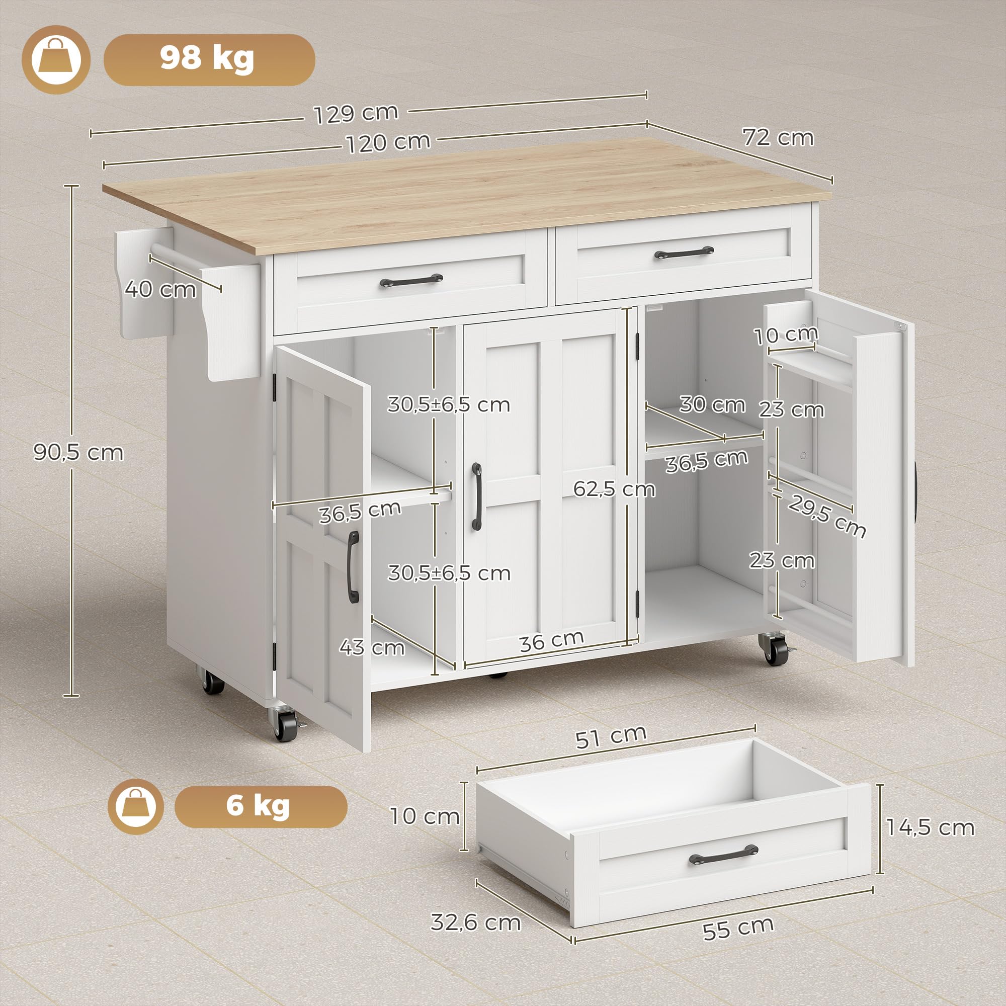 HOMCOM Isla de Cocina con Encimera Extensible, para Comedor, Blanco | Carro de Cocina con Ruedas, 2 Cajones, 3 Armarios, Estantes en la Puerta, Toallero, Estantes Ajustables