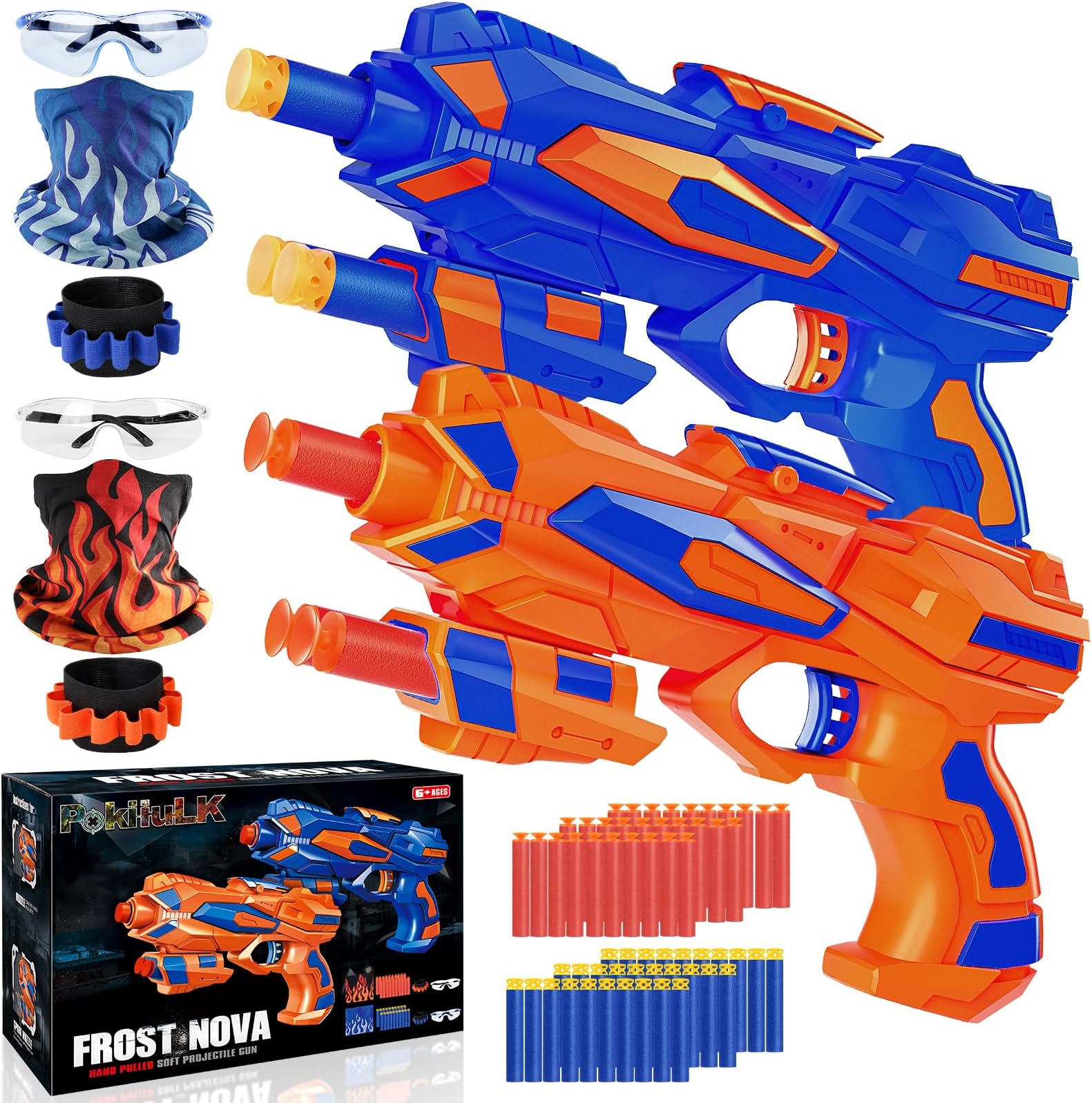 2 Pack Foam Blaster Toy Guns Set-include 60 Refill Darts, Goggles, Wrist Straps and Masks-Hand Gun Toys Birthday Party Gifts Party Supplies for Boys and Toddlers Aged 6-8 8-12 Years Old