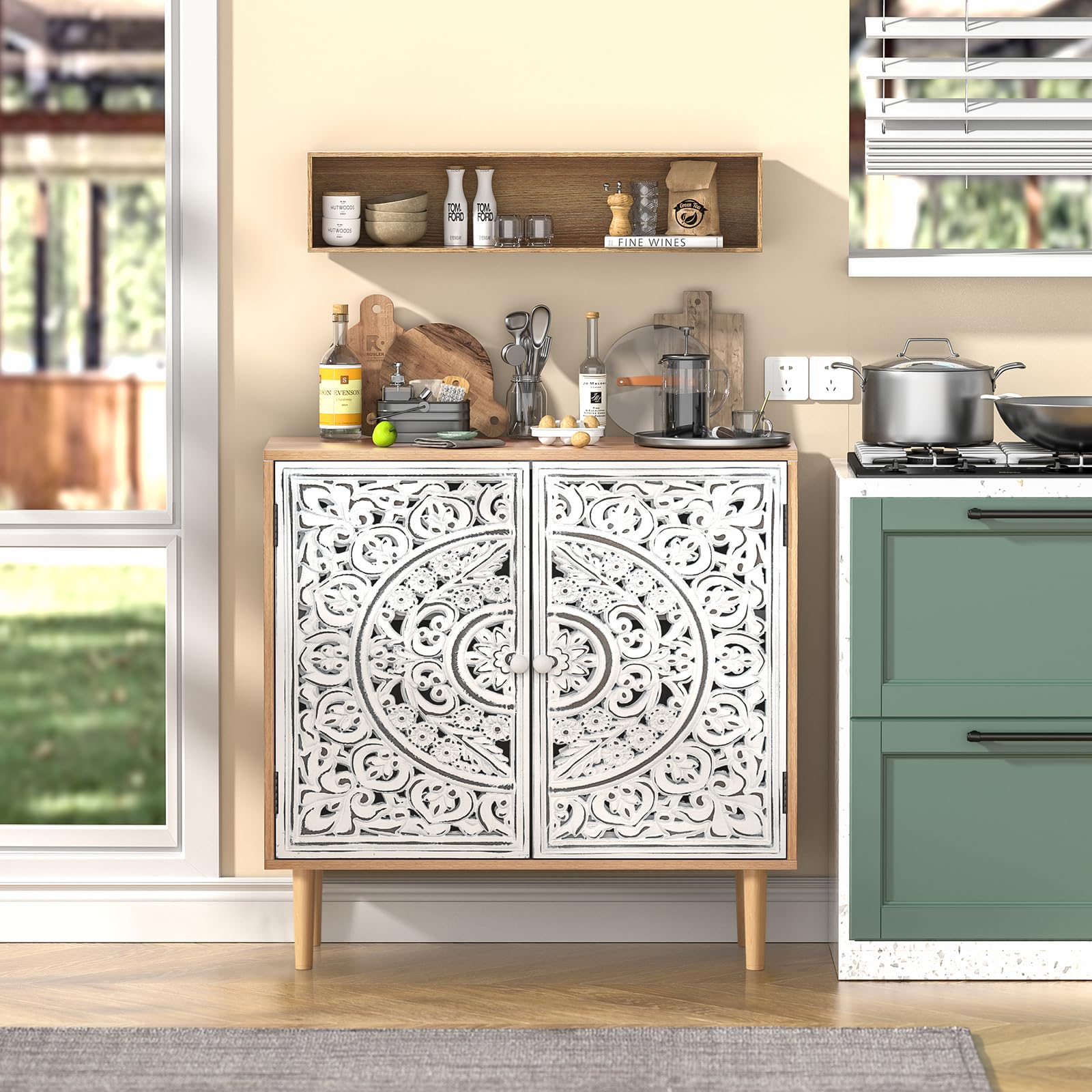 Buffet Bois Sculpté, Meuble de Rangement Cuisine Bas, Meuble Bas avec Pieds en Bois Massif, Étagères Réglables, Armoire de Rangement pour Salon, Cuisine, Chambre, Blanc