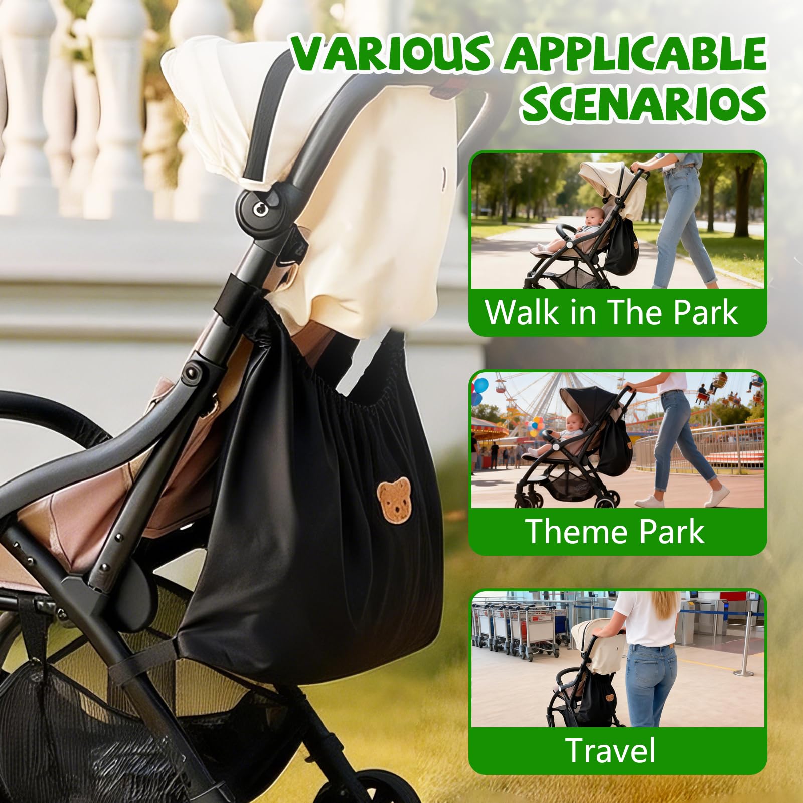 Organizer per borsa per passeggino Borsa per pannolini per bambini riutilizzabile Modello di orso carino Organizzatore universale per passeggino per mamma che allatta Viaggio all'asilo(Nero)
