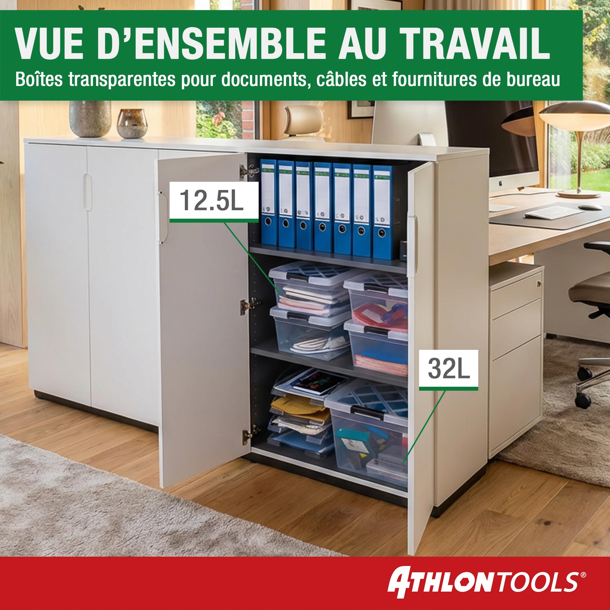 ATHLON TOOLS 4 boîtes de rangement de 12,5 l avec couvercle, de qualité alimentaire, clips de fermeture, 100% neuf, boîte en plastique transparente, boîtes à vêtements empilables