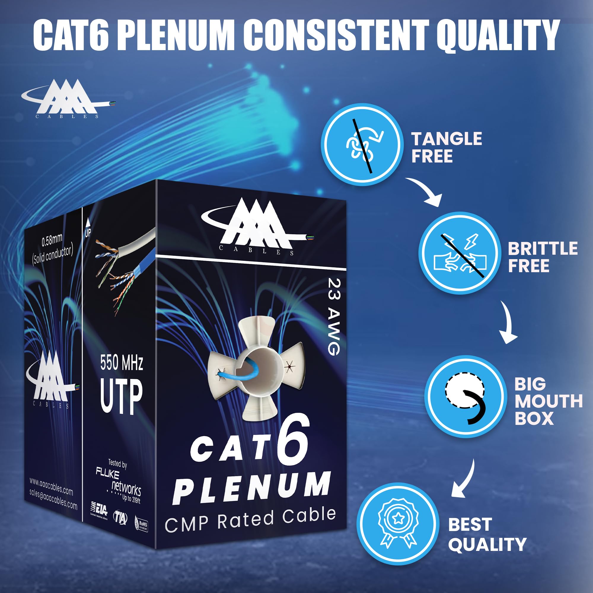 Cavo plenum AAA Cat6 da 304,8 m, testato DSX-8000, conduttore solido da 0,58 mm, cavo plenum Ethernet UTP, 23AWG, 550MHz, Cat 6, grigio