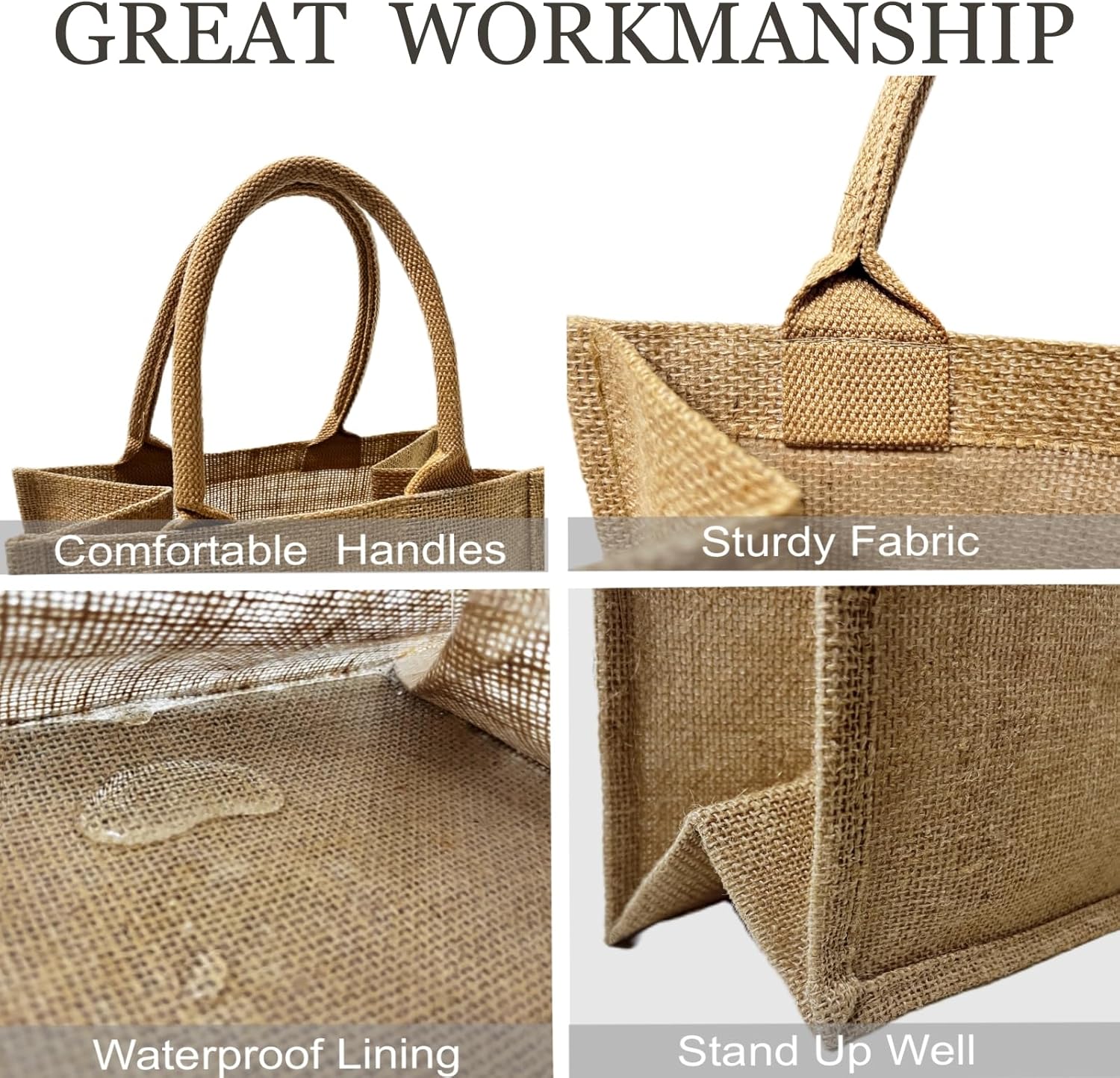 6 Pack Burlap Tote Bags with Handles Reusable Small Jute Gift Bags with Light Beige Silk Ribbons Waterproof Lining for Wedding Bridesmaid Mother's Day Bachelorette Beach Party - Image 6