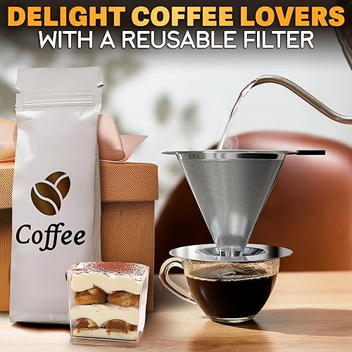 Miniatura 9 de Gotero para verter sobre café, cafetera de acero inoxidable de 3.18 x 4.48 pulgadas con mango de plástico grande, base ancha y segura y un cepillo