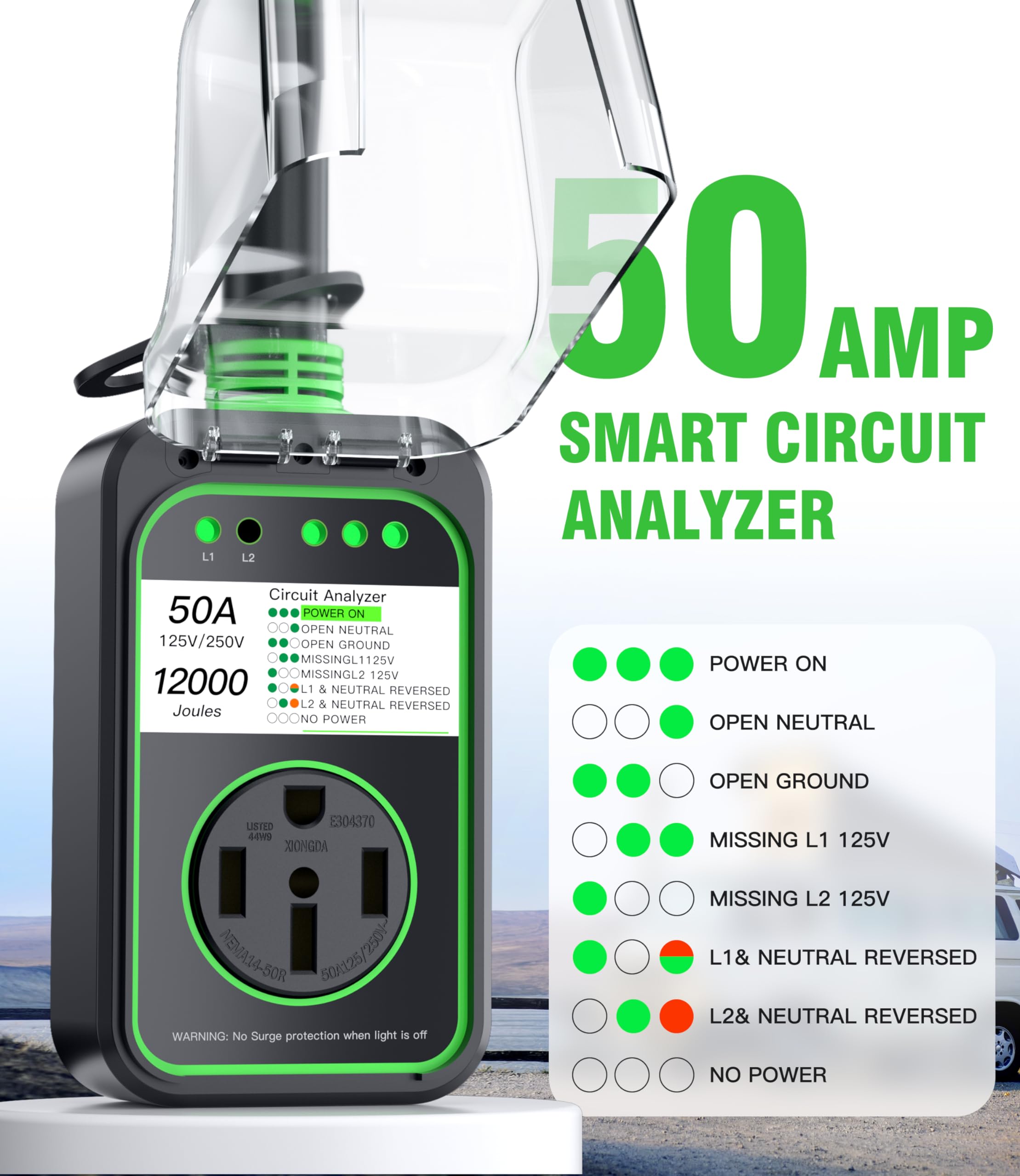 RV Surge Protector 50 Amp Waterproof, Upgraded 12000 Joules RV Power Protector ?Safety-Certified?, RV Adapter Plug with Anti-Theft Cable Lock for Camper, Circuit Analyzer for Travel Trailers (Green)