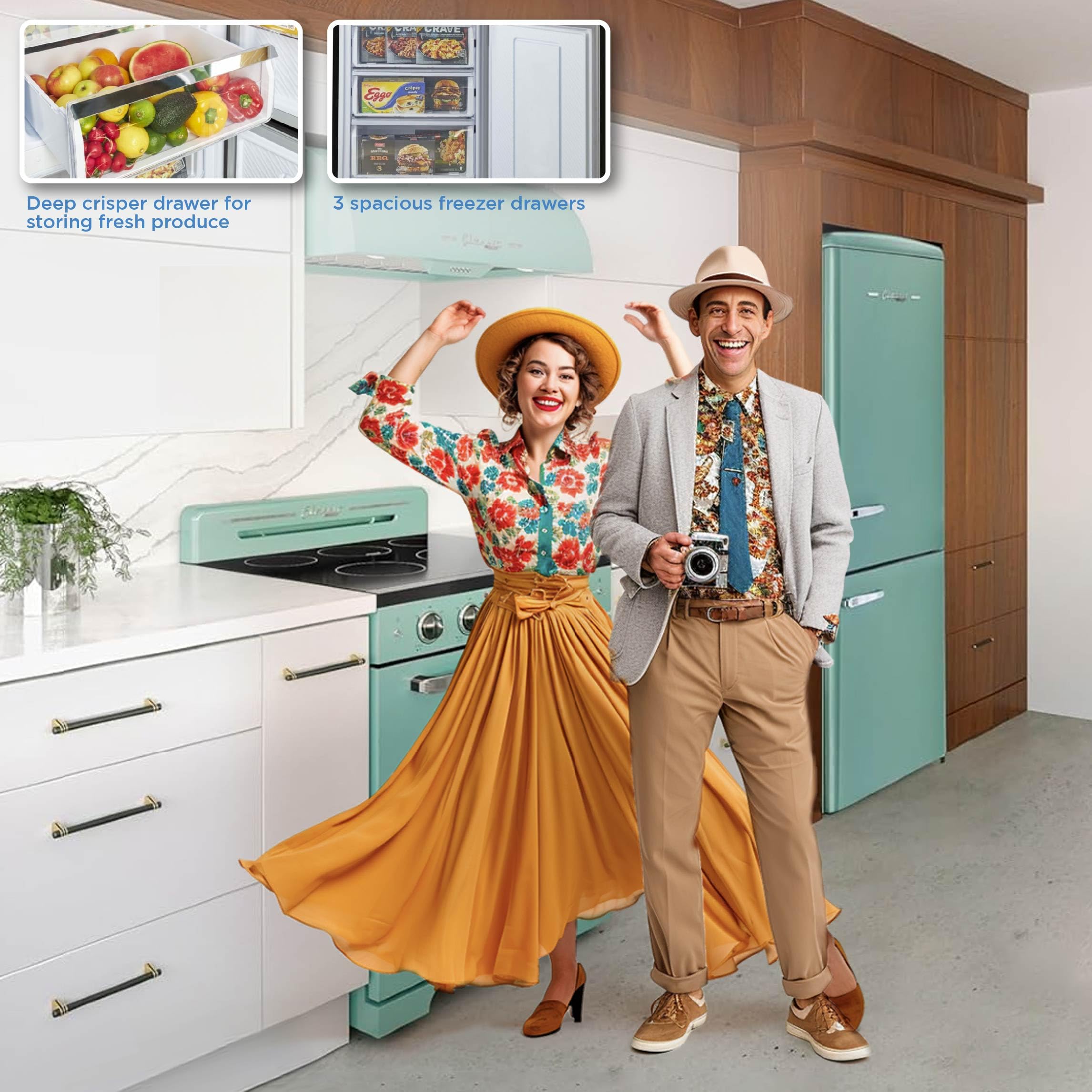 Unique Appliances Classic Retro Refrigerator, Electric Bottom-Mount Fridge With Intuitive Control Panel, 4 Glass Shelves, And 3 Freezer Drawers, Frost-Free, 12 Cu./Ft., Ocean Mist Turquoise on Fridge.com - View 5