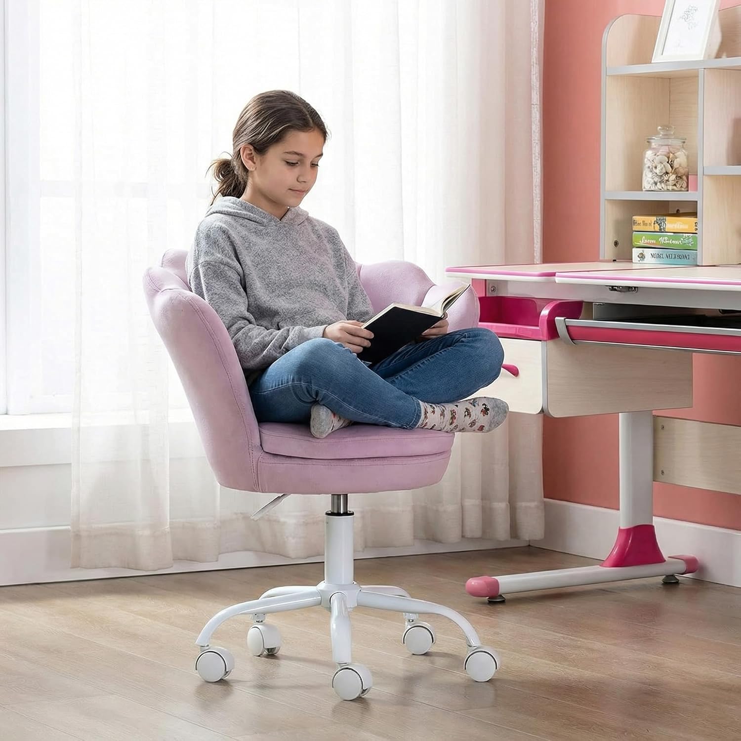 chairus Cute Kids Desk Chair Velvet Living Room Accent Armchair Upholstered Teens Vanity Chair with Seashell Back, Adjustable Swivel Children Study Chair for Computer Homework, Purple